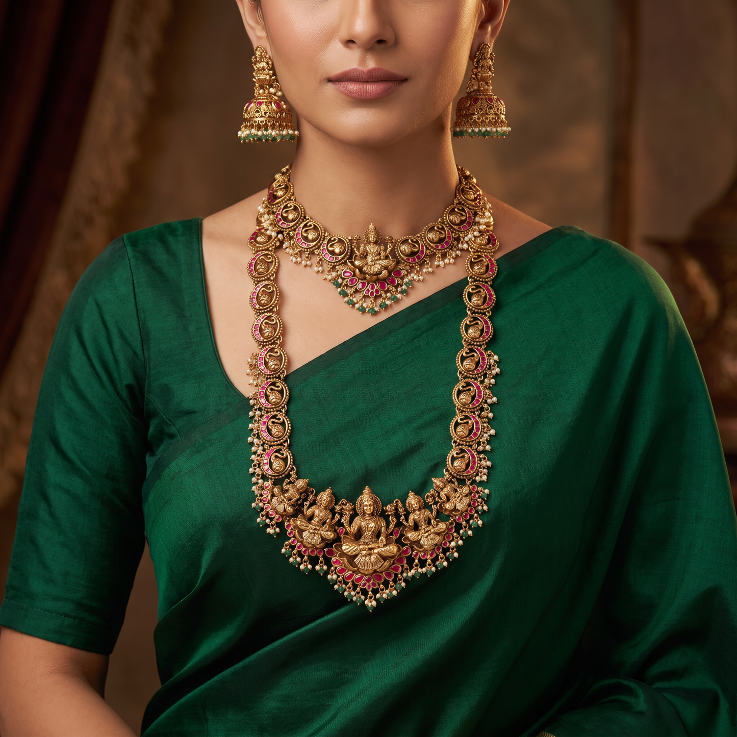 Grand Elephant Link Antique Combo Set Featuring Lakshmi Lotus Pendants