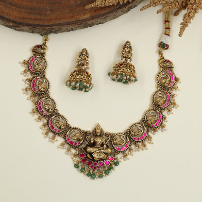 Traditional Antique Necklace with Lakshmi Temple Centerpiece