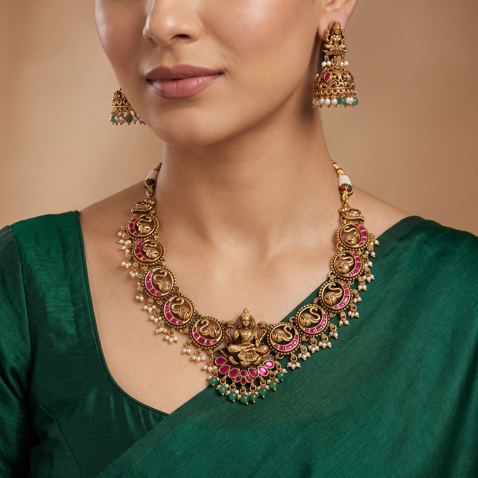 Traditional Antique Necklace with Lakshmi Temple Centerpiece