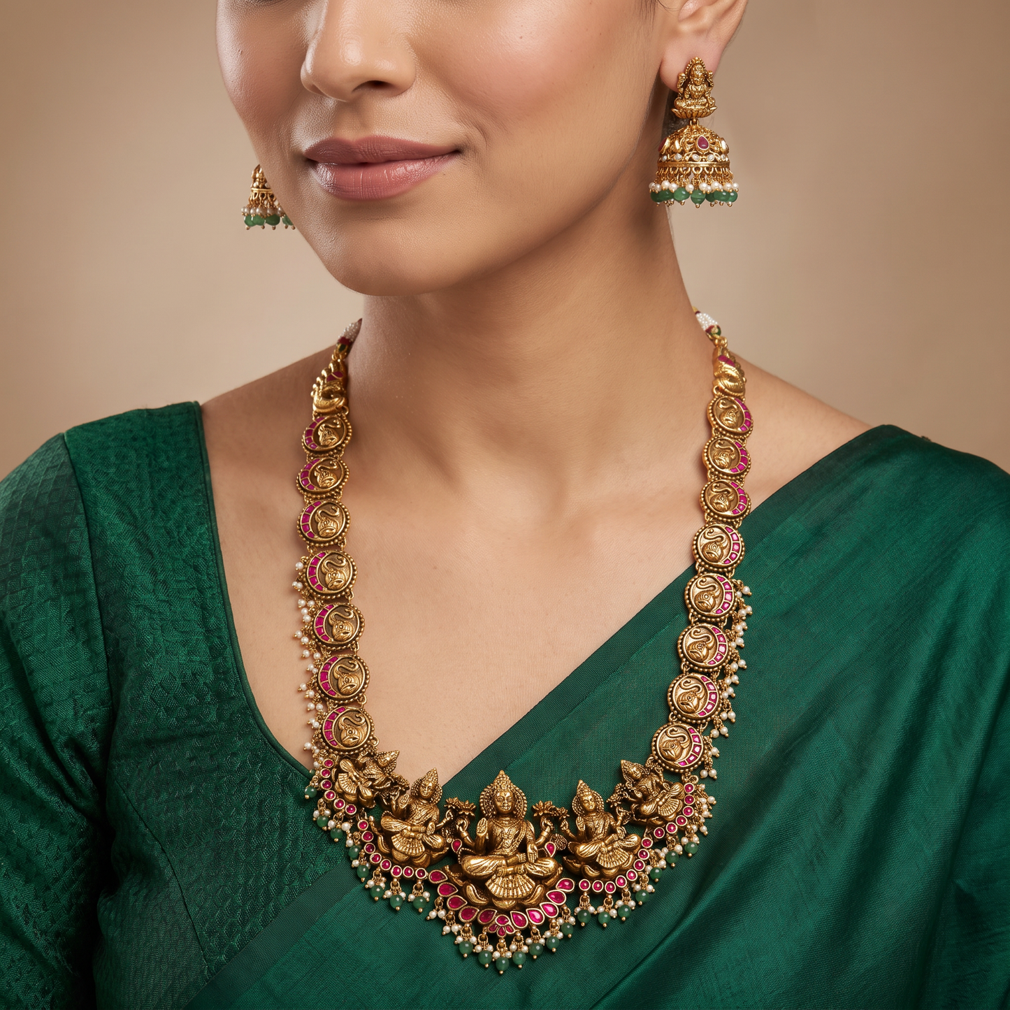 Temple Ceremony Antique Long Haara with Lakshmi and Peacock Styling