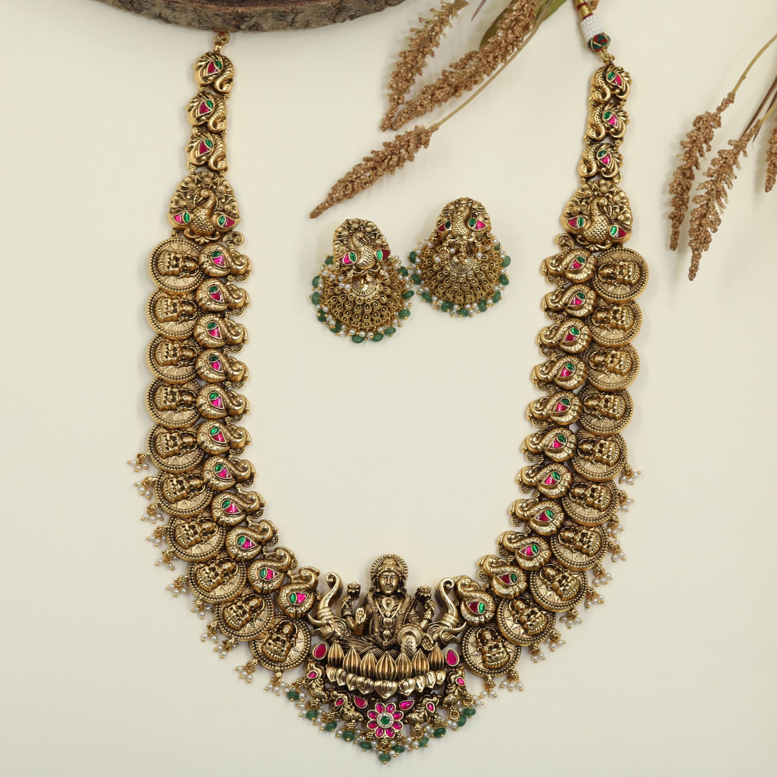 Traditional Antique Long Haara with Peacock and Coin Craftsmanship