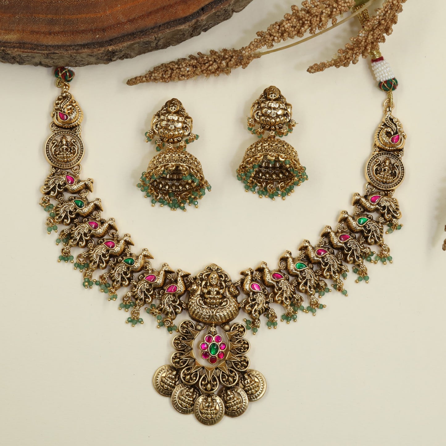 Antique Lakshmi Peacock Necklace with Statement Coin Medallion