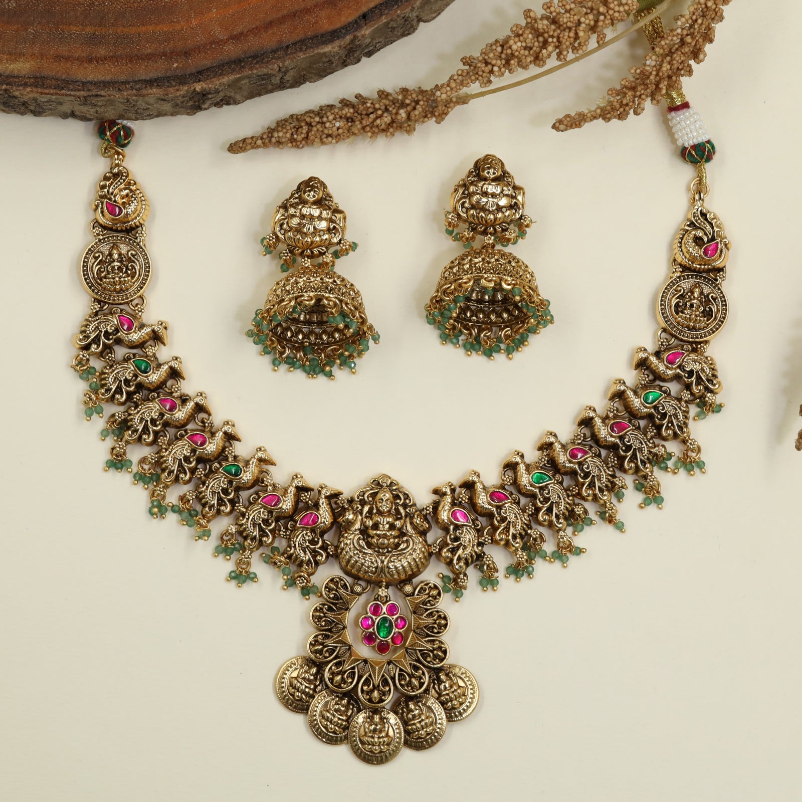 Antique Lakshmi Peacock Necklace with Statement Coin Medallion