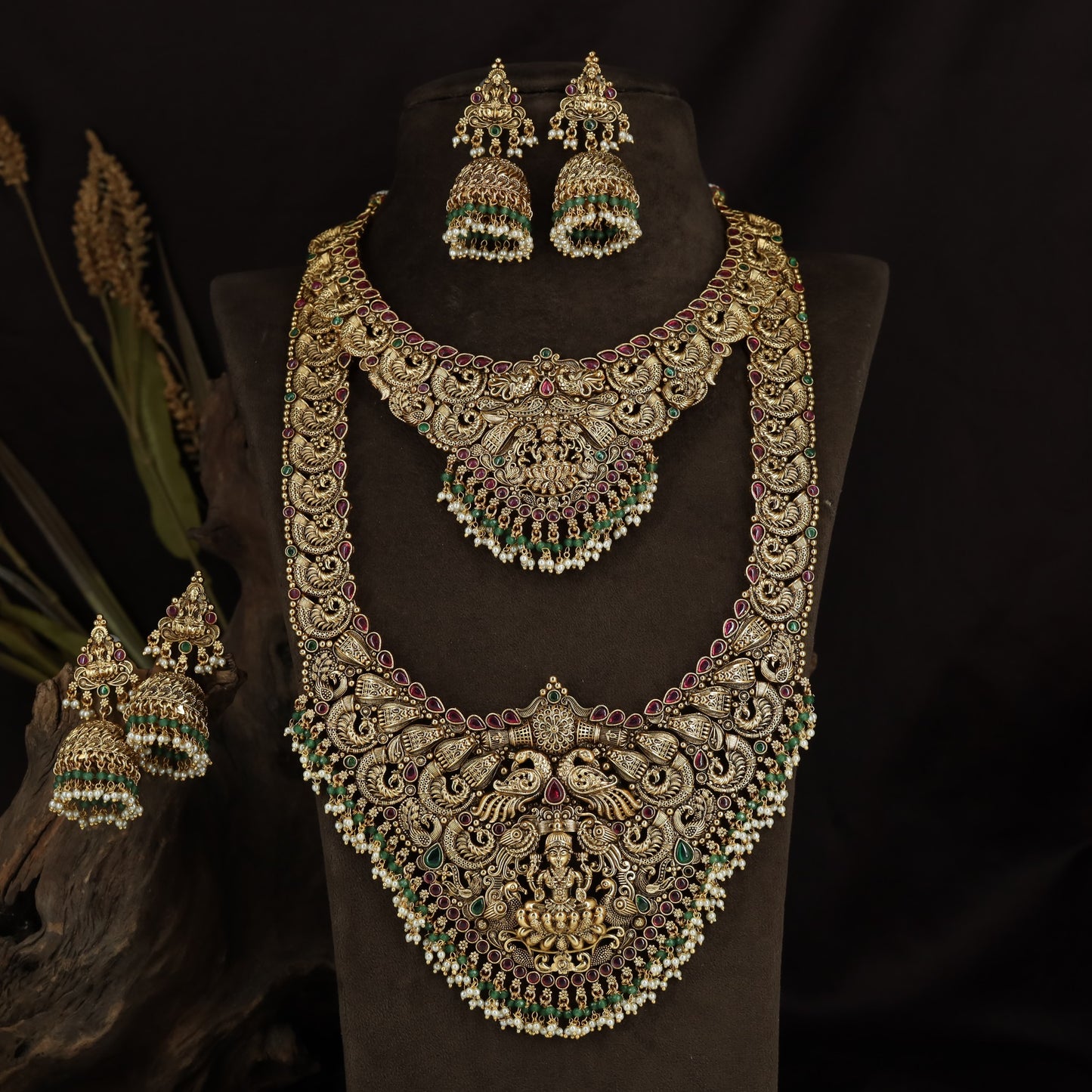 Peacock Scroll Antique Combo Set with Lakshmi Temple Pendant
