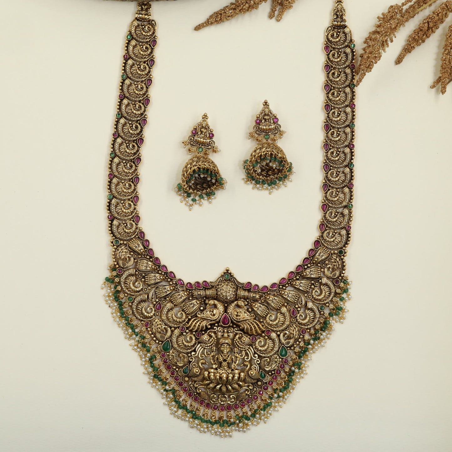 Temple Treasure Antique Long Haara with Lakshmi and Peacock Crest