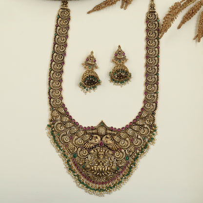 Temple Treasure Antique Long Haara with Lakshmi and Peacock Crest