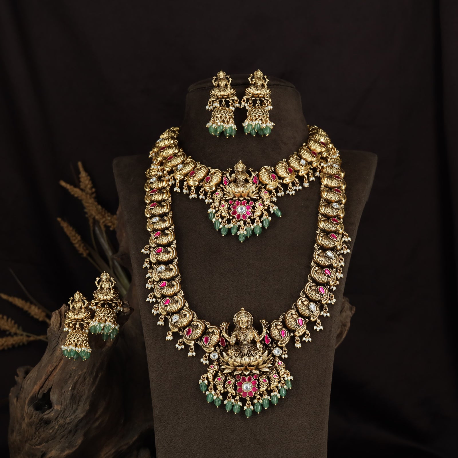 Grand Peacock Link Antique Combo Set with Temple Lotus Pendants
