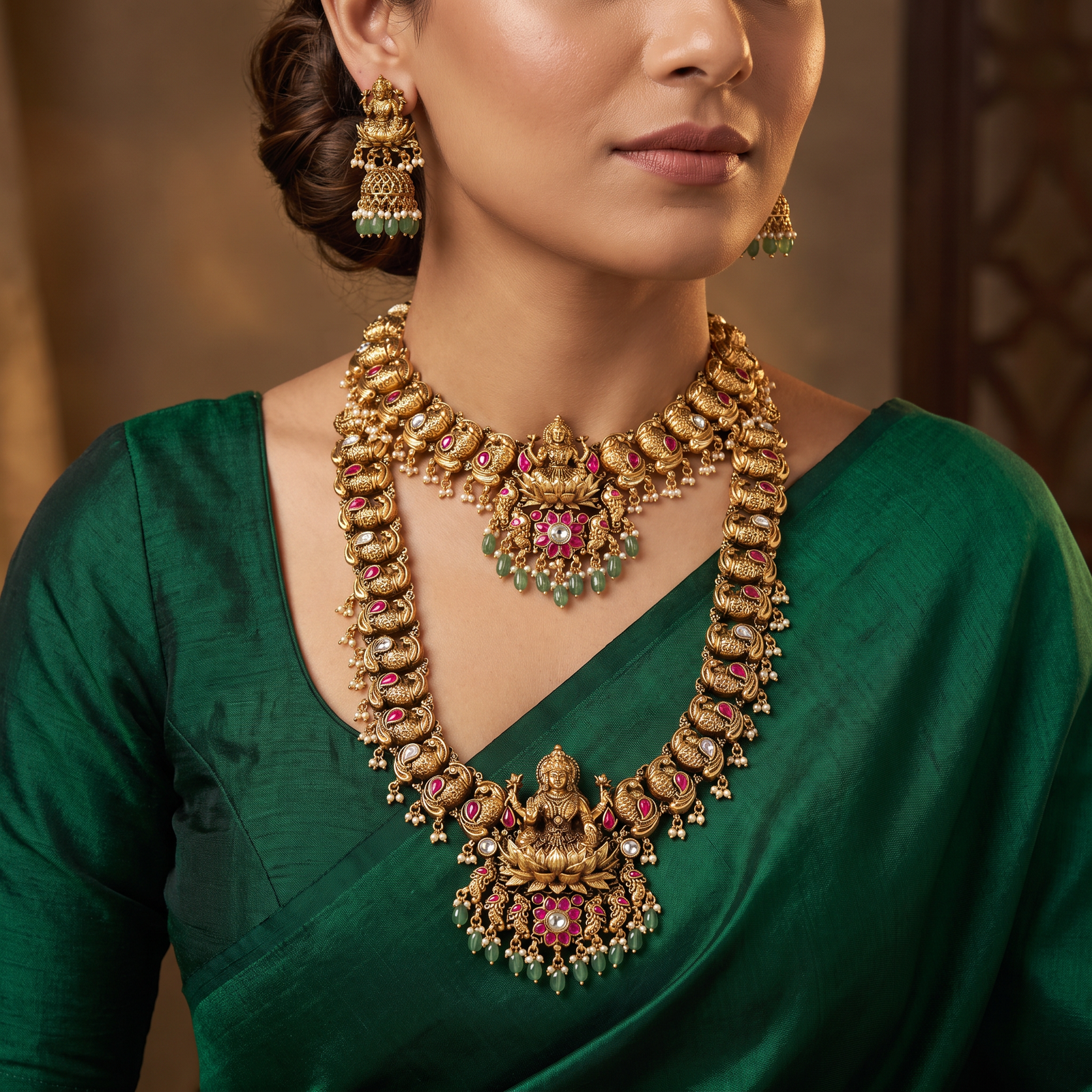 Grand Peacock Link Antique Combo Set with Temple Lotus Pendants