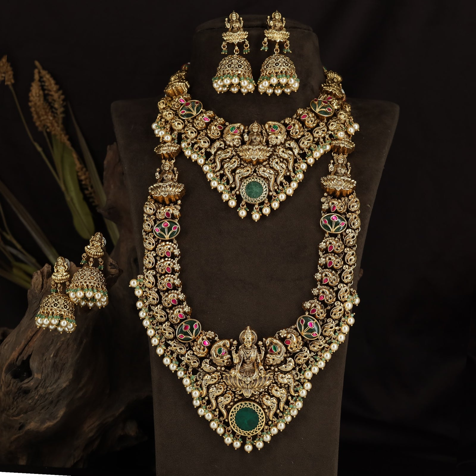 Pearl Fringe Peacock Link Antique Combo Set with Lakshmi Temple Pendants