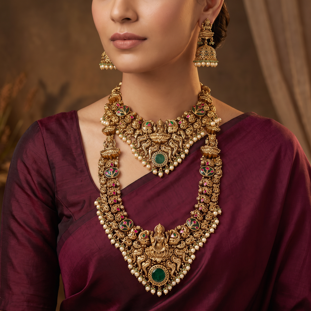 Peacock Lakshmi Antique Combo Set with Pearl Fringe