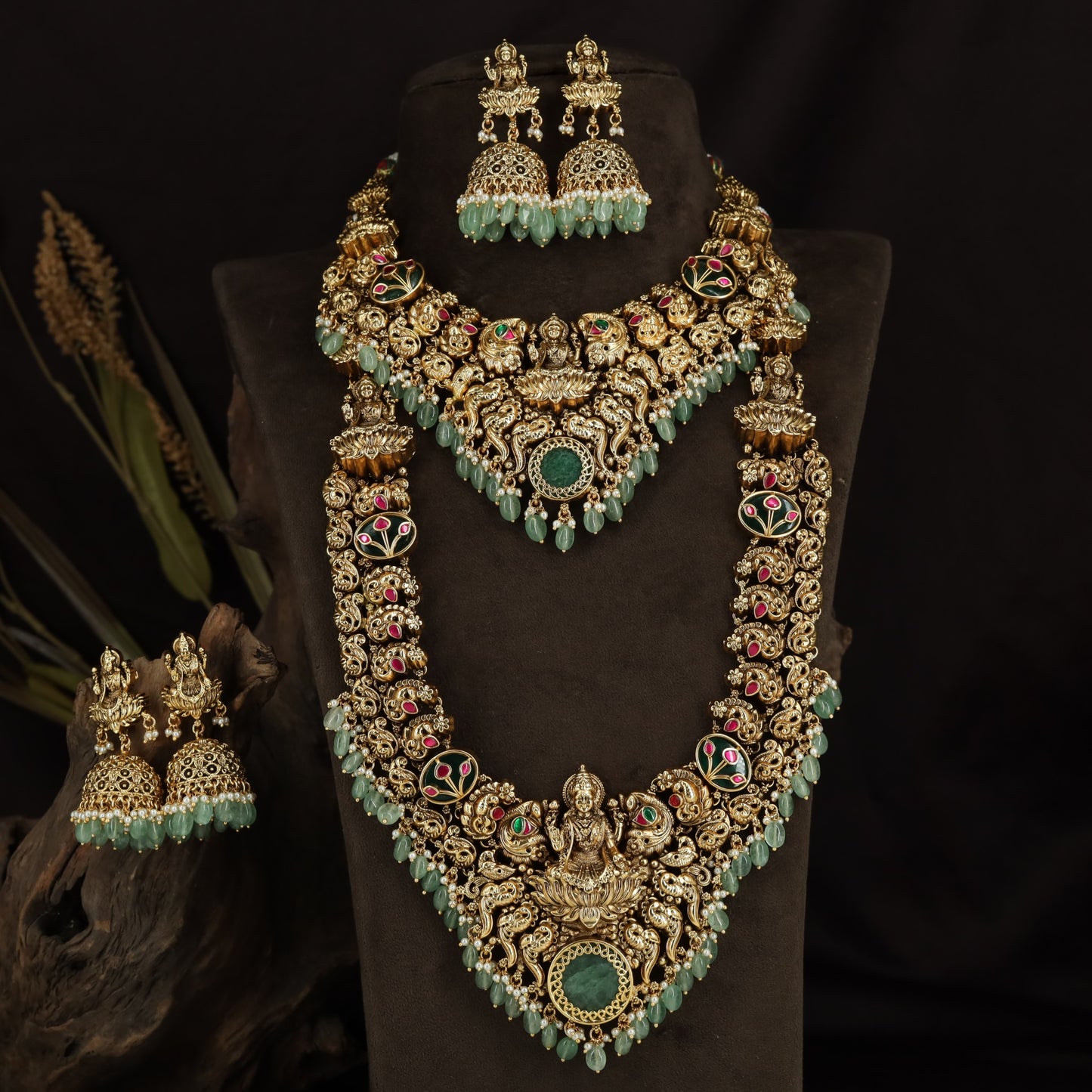 Handcrafted Peacock Link Antique Combo Set with Temple Elegance