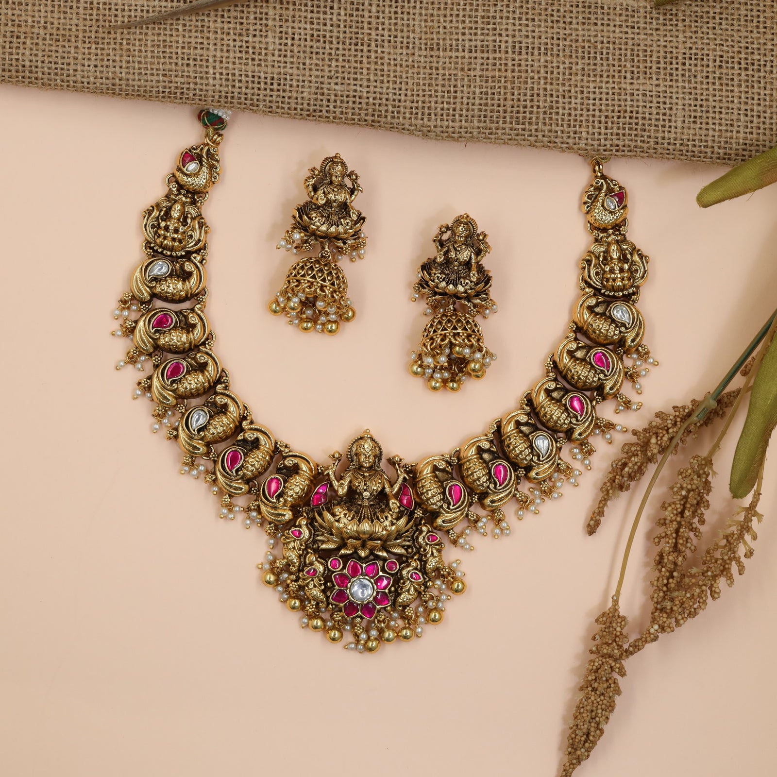Grand Bridal Antique Necklace Featuring Lakshmi Pendant and Traditional Paisley Pattern