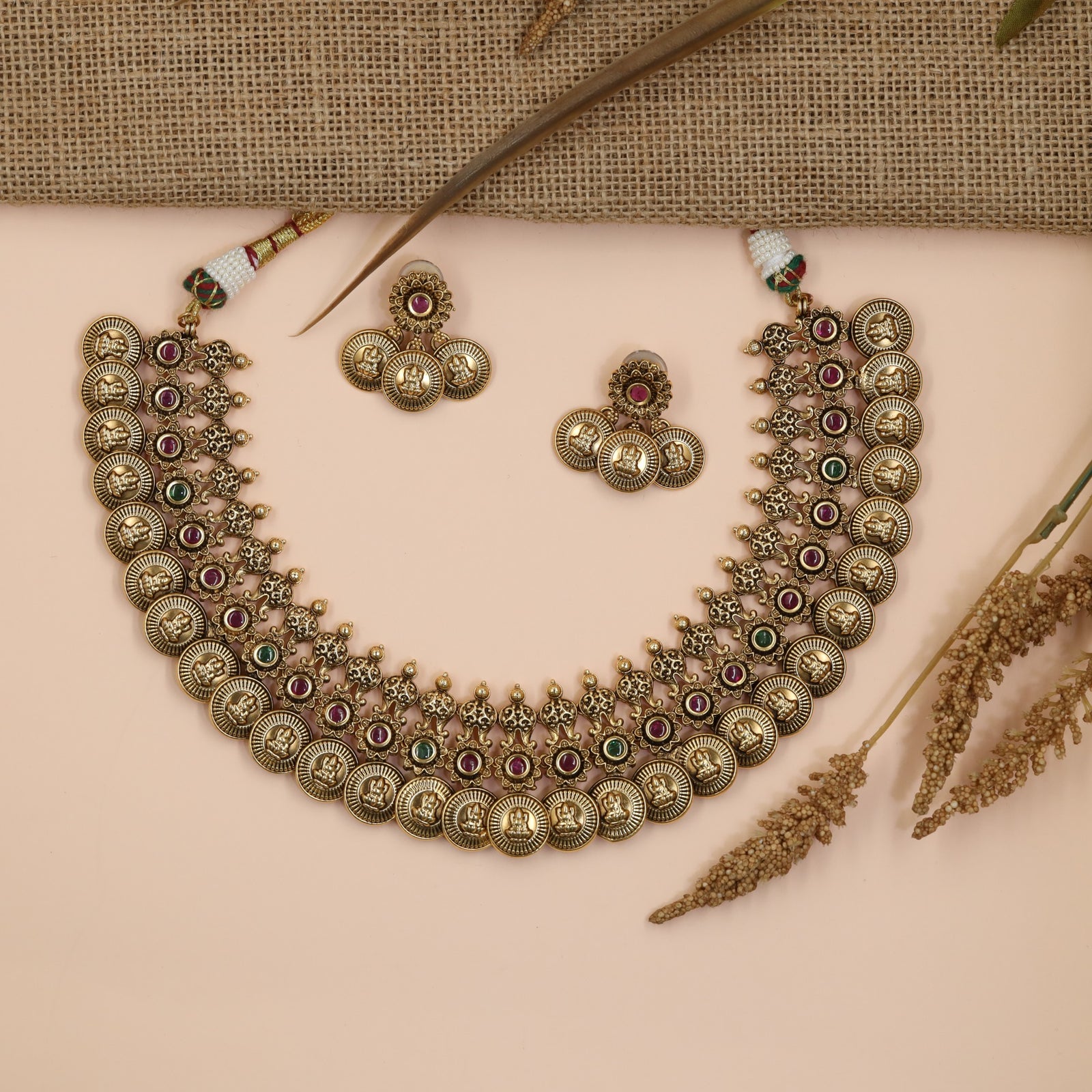 Handcrafted Antique Necklace Featuring Divine Lakshmi Coin Medallions and Ornamental Detailing