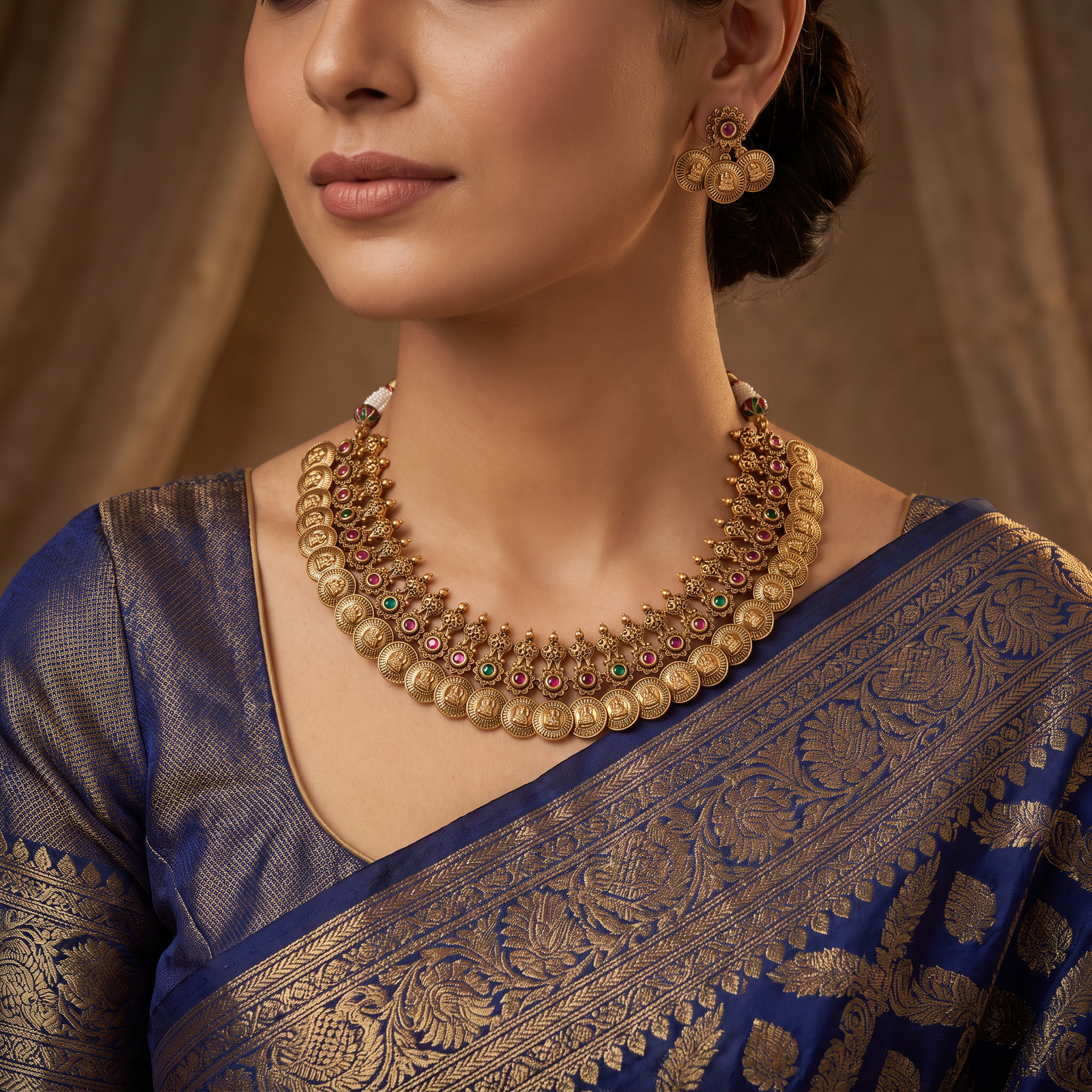 Handcrafted Antique Necklace Featuring Divine Lakshmi Coin Medallions and Ornamental Detailing