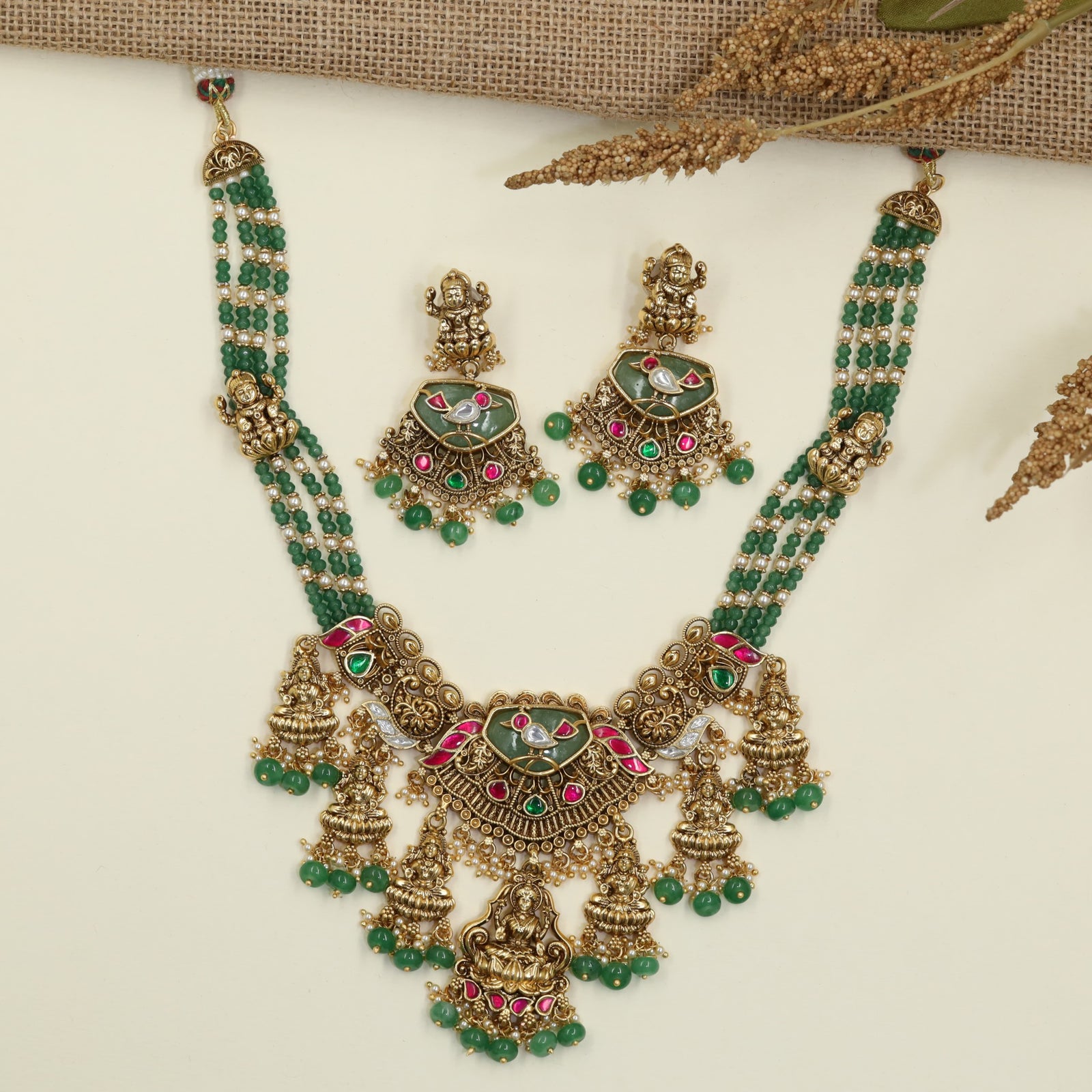 Devotional Collection Antique Necklace with Handcrafted Lakshmi Pendant
