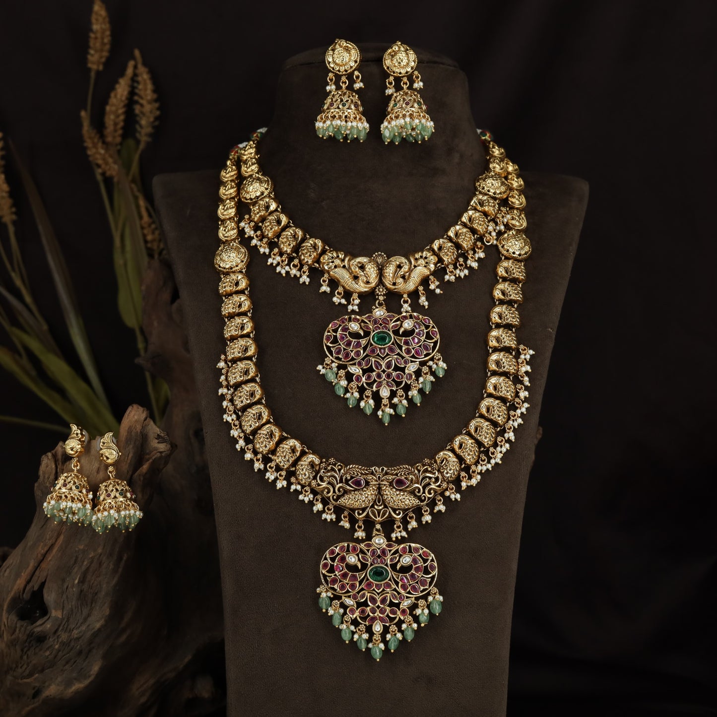 Twin Peacock Antique Combo Set with Statement Filigree Pendants