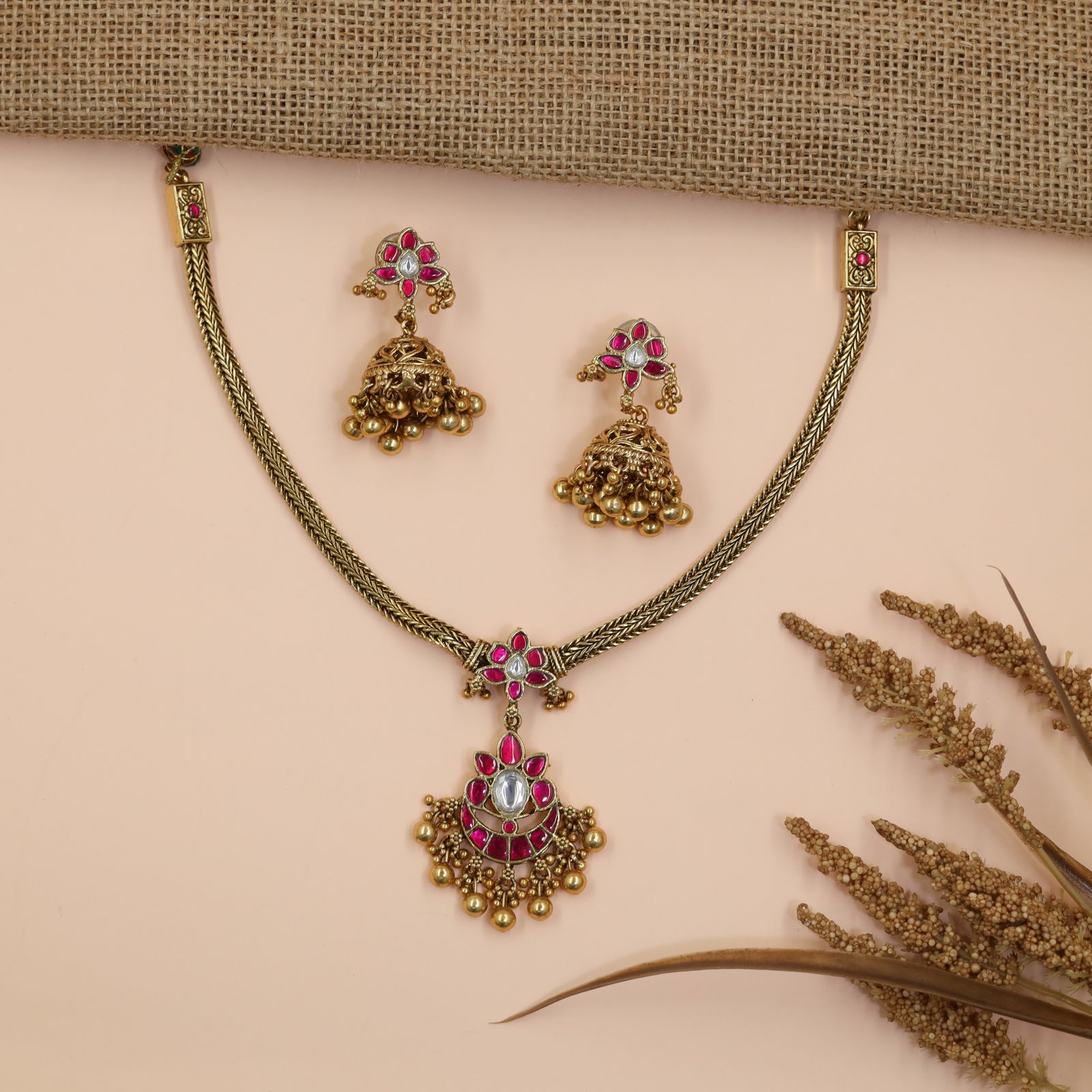 Braided Antique Chain with Floral Pendant and Ornamental Jhumka Drop