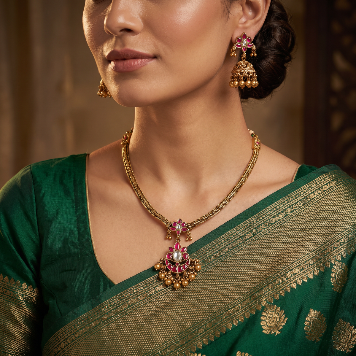 Braided Antique Chain Set with Floral Jumka Pendant