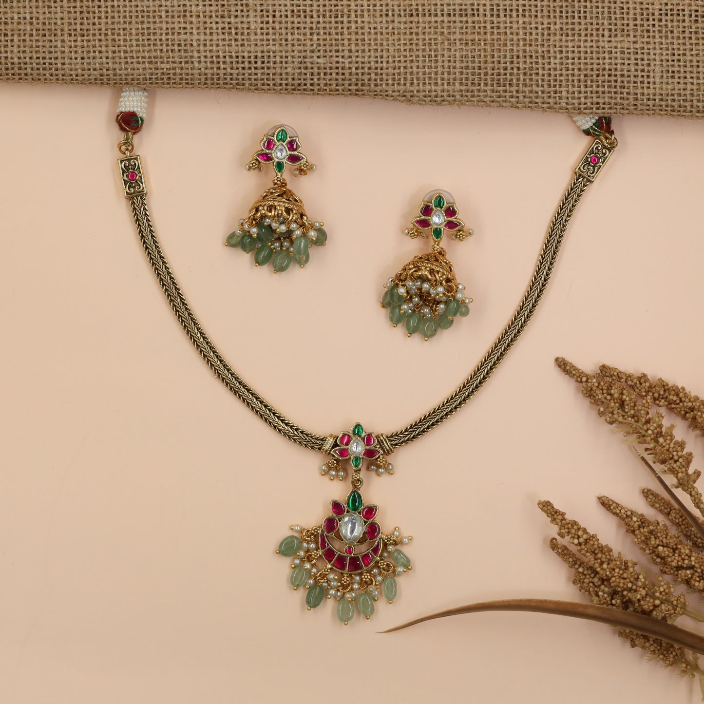 Braided Antique Chain with Floral Pendant and Ornamental Jhumka Drop
