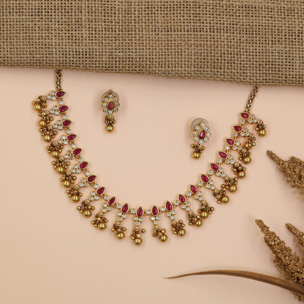 Teardrop Antique Necklace Set with Floral Stone Arrangement