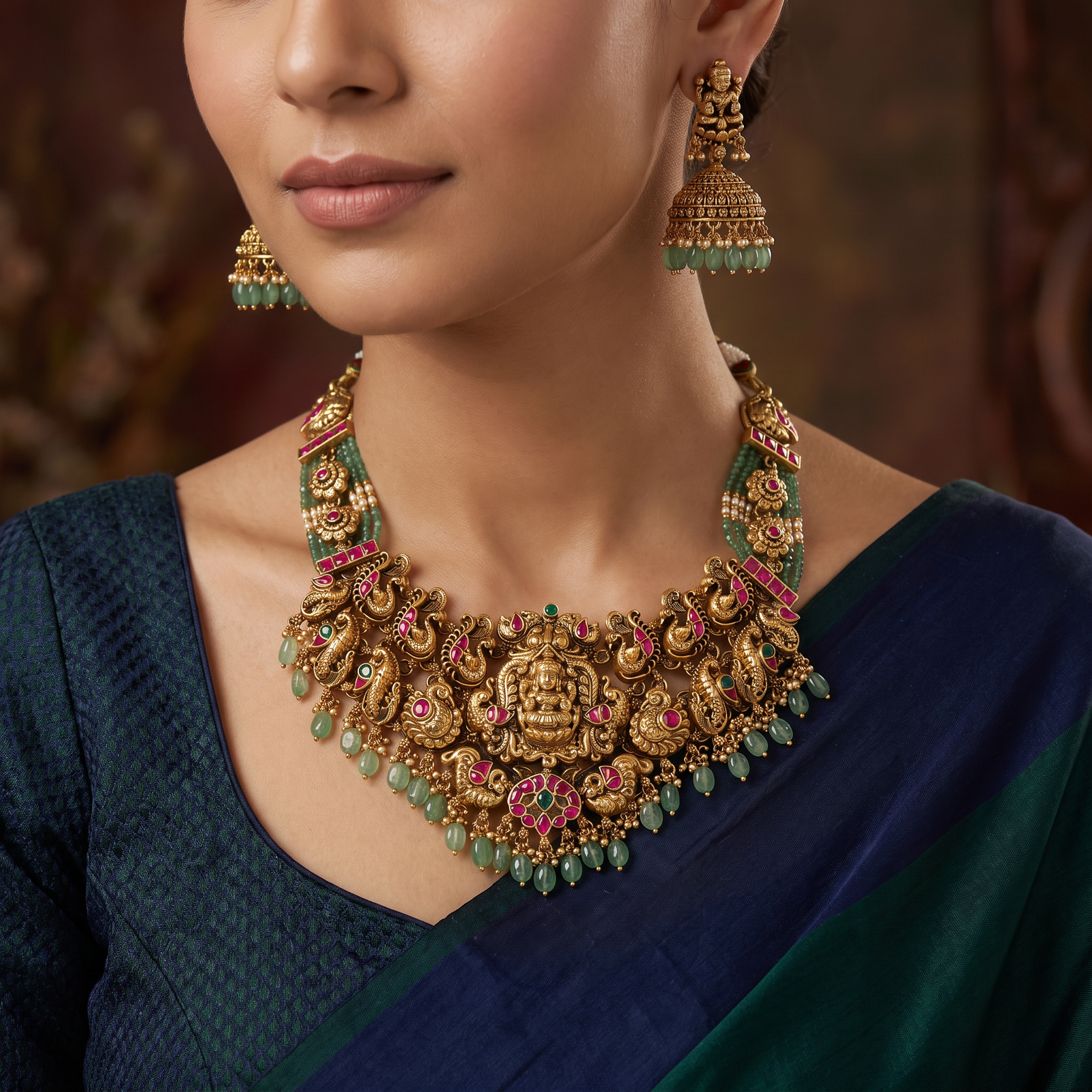 Heirloom Antique Temple Necklace with Intricate Peacock Detailing