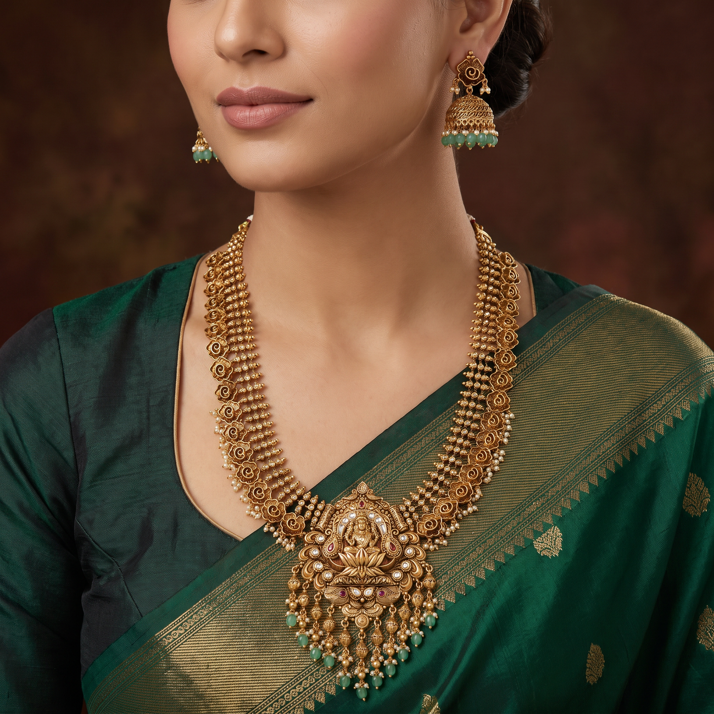 Royal Antique Long Haara with Lakshmi Pendant and Scrollwork Design