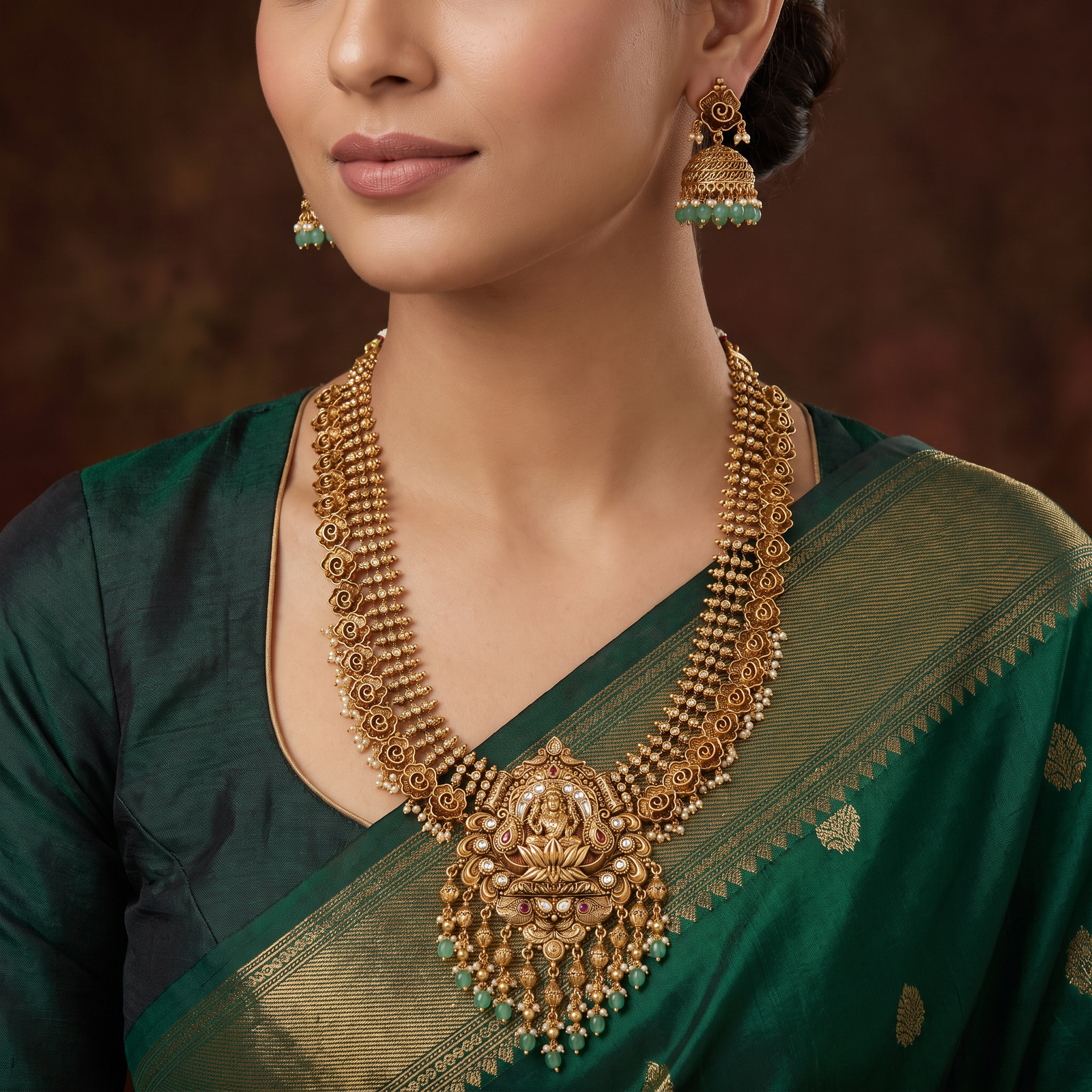 Royal Antique Long Haara with Lakshmi Pendant and Scrollwork Design