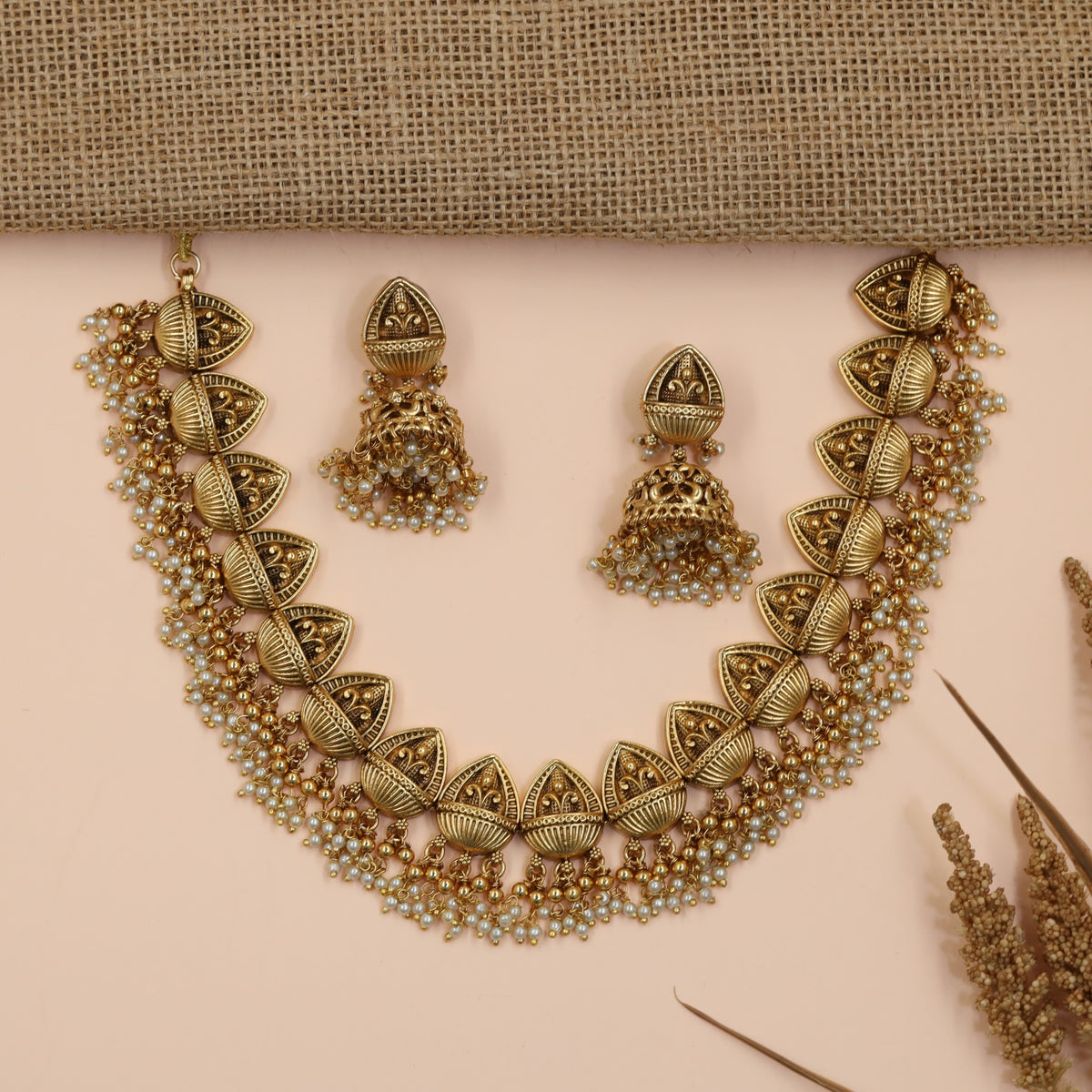 Sculpted Leaf Antique Necklace Set with Pearl Fringe
