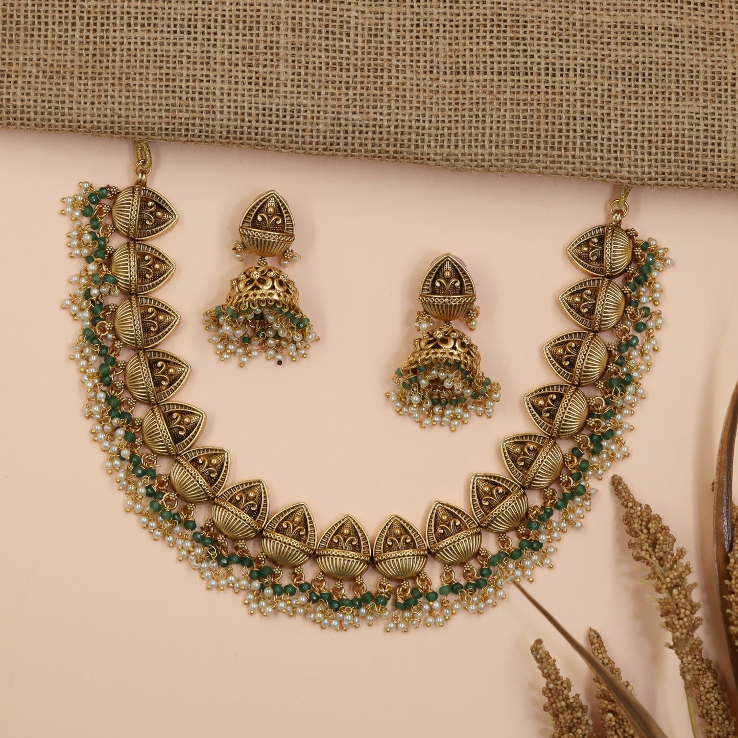 Sculpted Antique Necklace Featuring Leaf Panels and Pearl Fringe Detailing