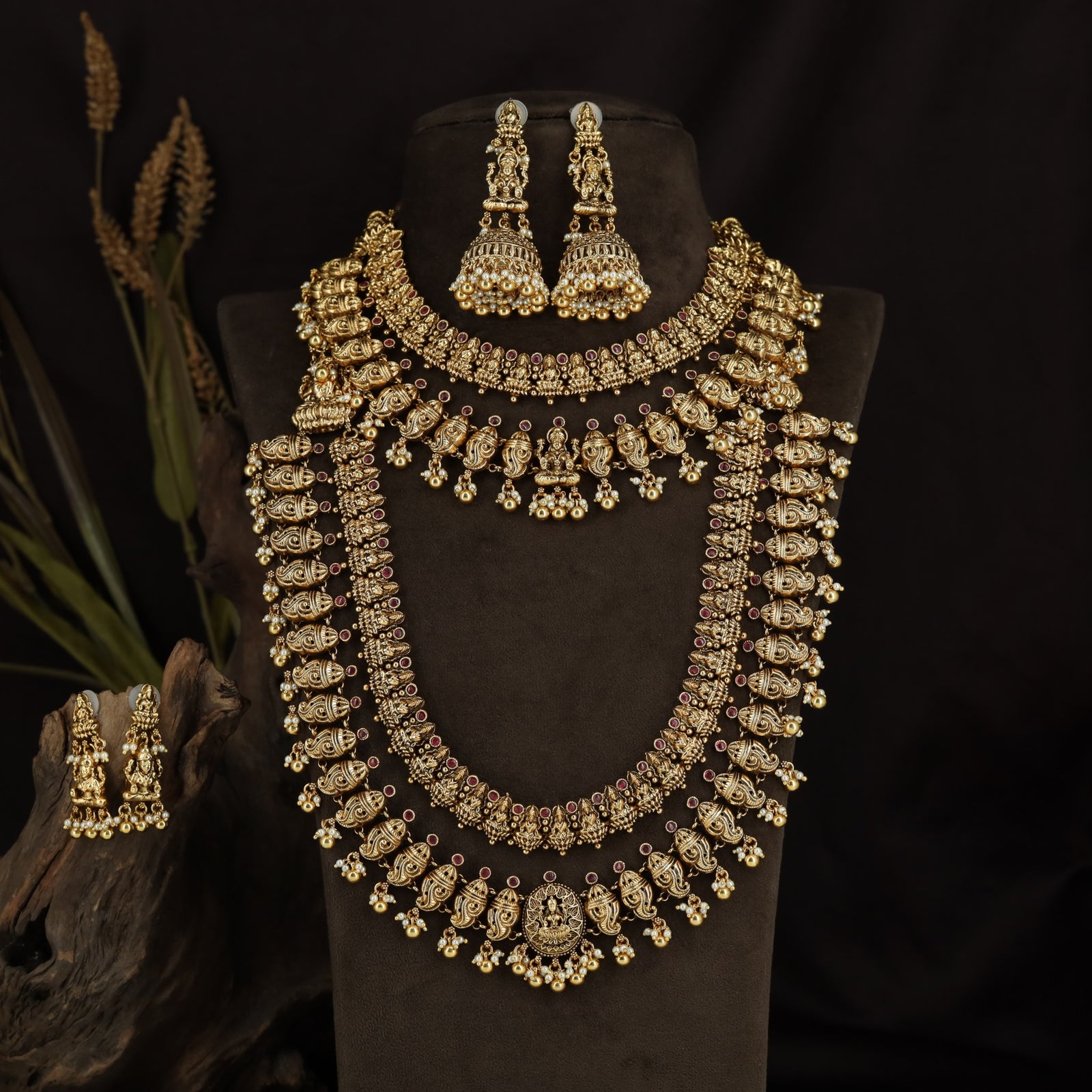Temple Bell Link Antique Combo Set with Lakshmi Pendants