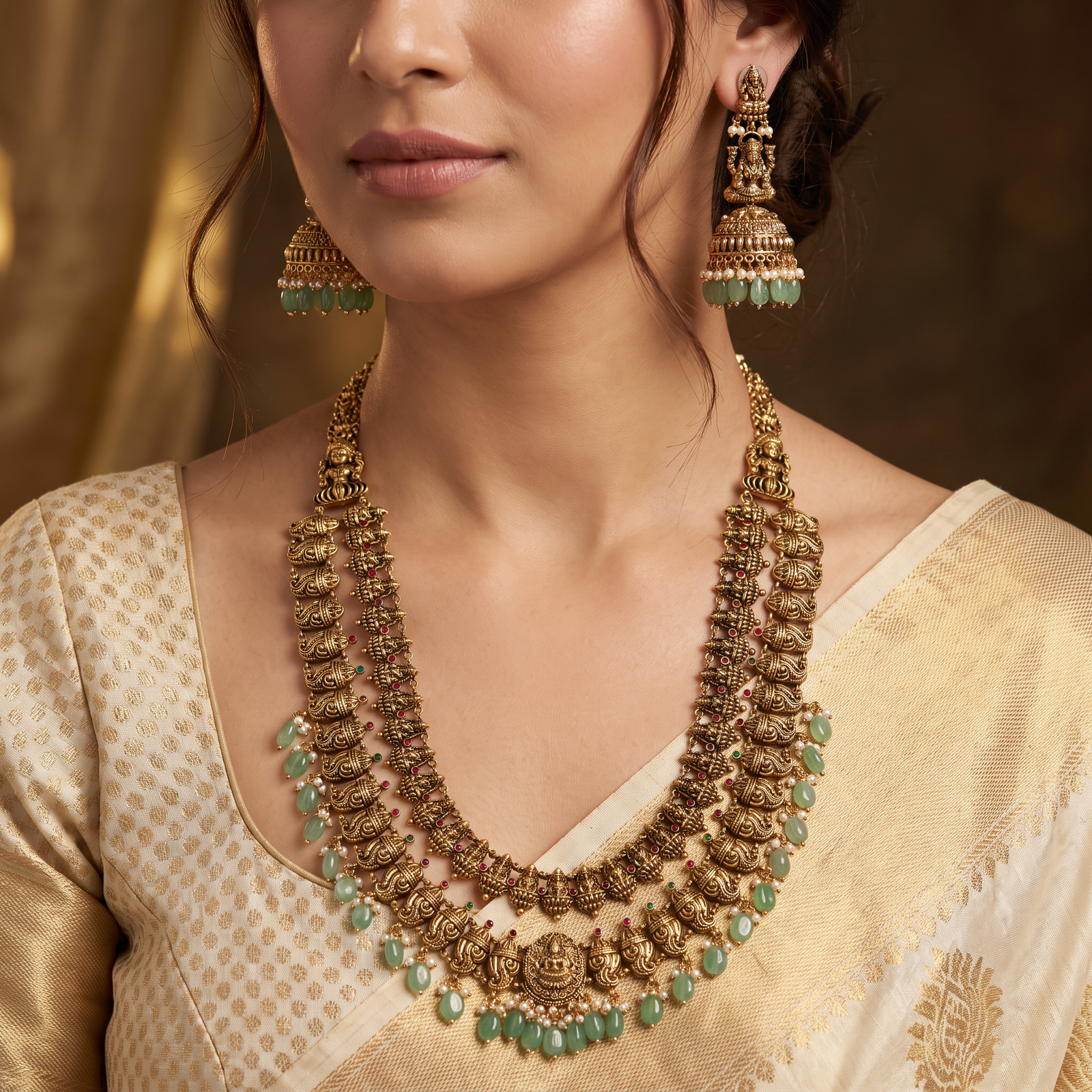 Regal Antique Long Haara Featuring Lakshmi Temple Centerpiece
