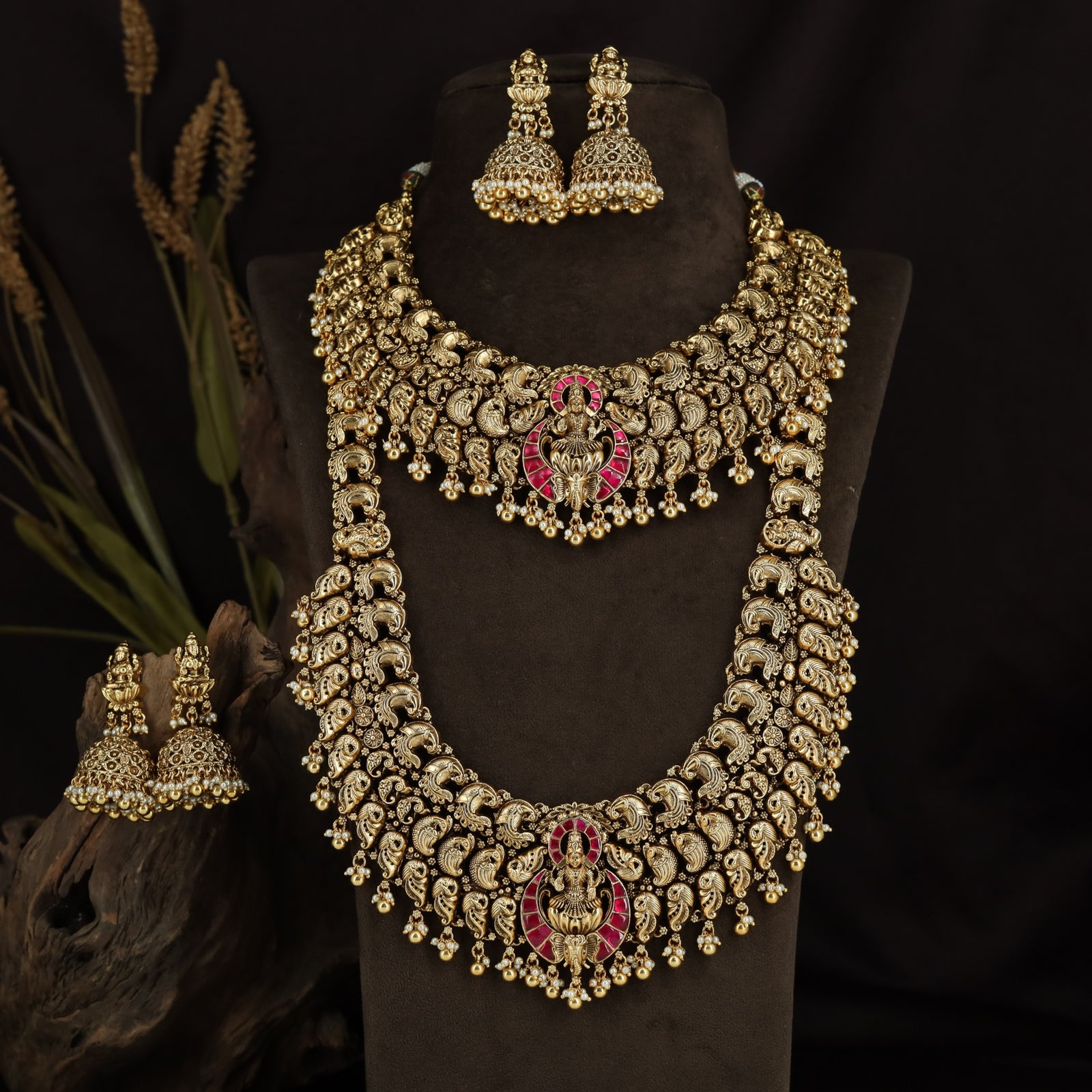 Peacock Link Antique Combo Set with Lakshmi Temple Pendants