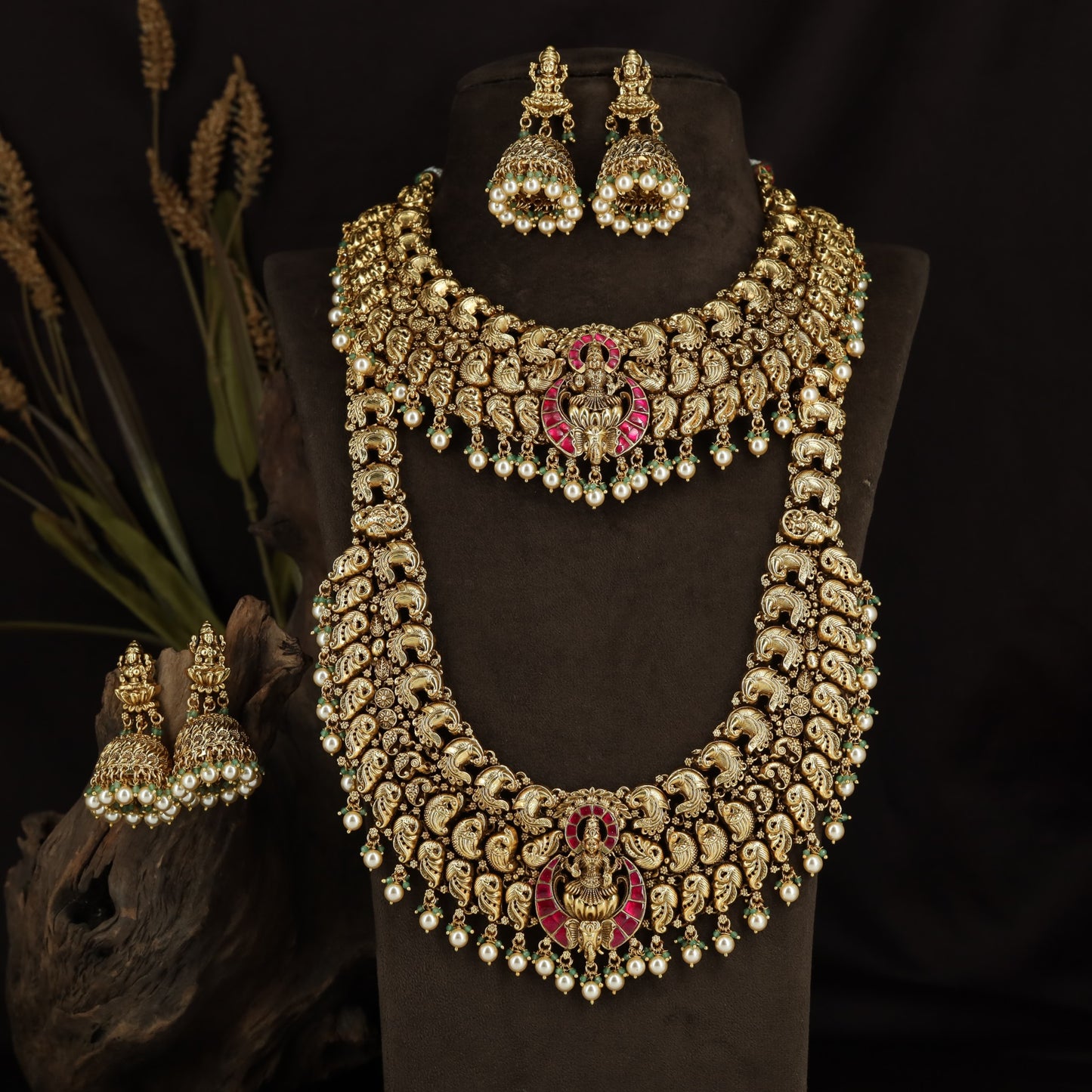 Peacock Link Antique Combo Set with Lakshmi Temple Pendants