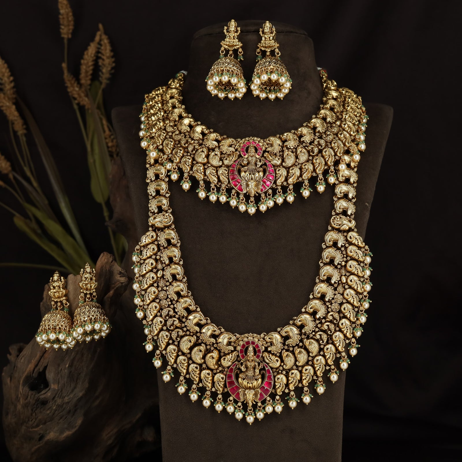 Peacock Link Antique Combo Set with Lakshmi Temple Pendants