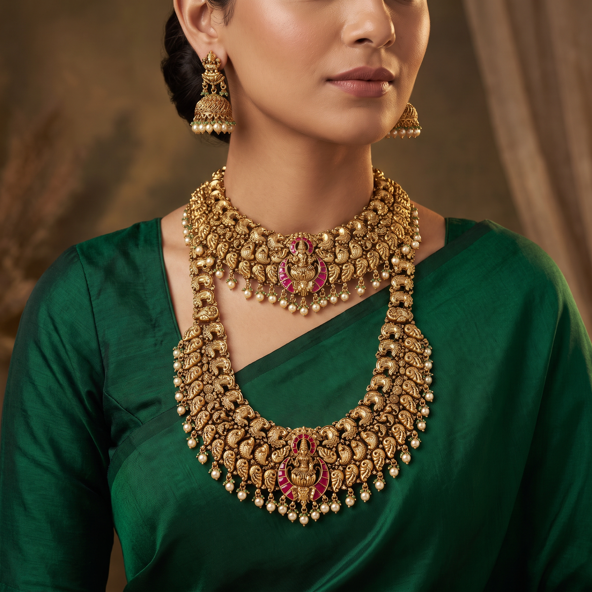 Peacock Antique Combo Set with Lakshmi Pendants