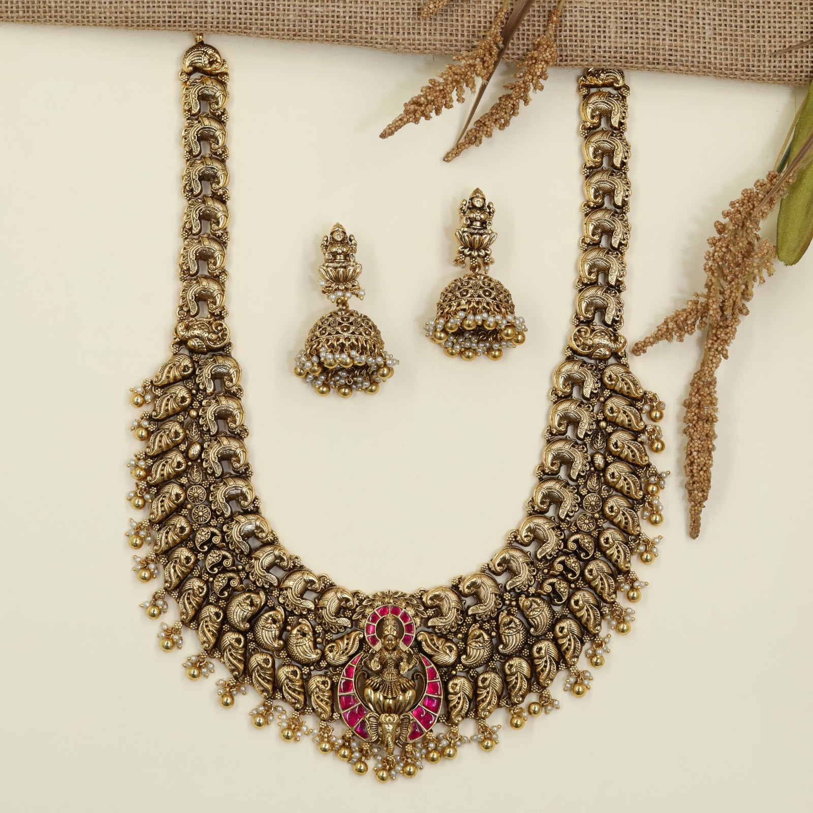 Grand Antique Temple Long Haara with Intricate Peacock Links
