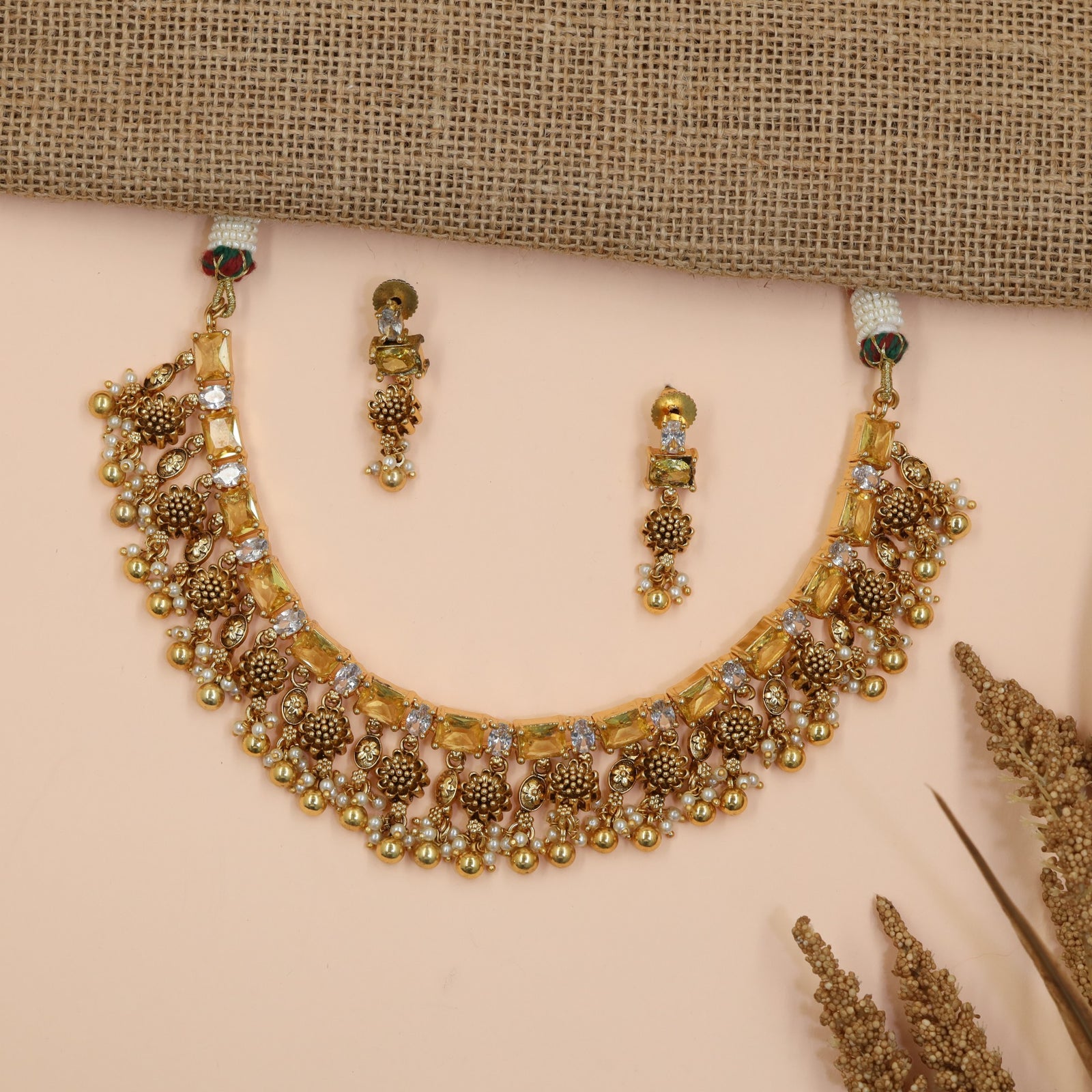 Floral Antique Necklace Featuring Baguette-Cut Stone Pattern and Ornate Fringe