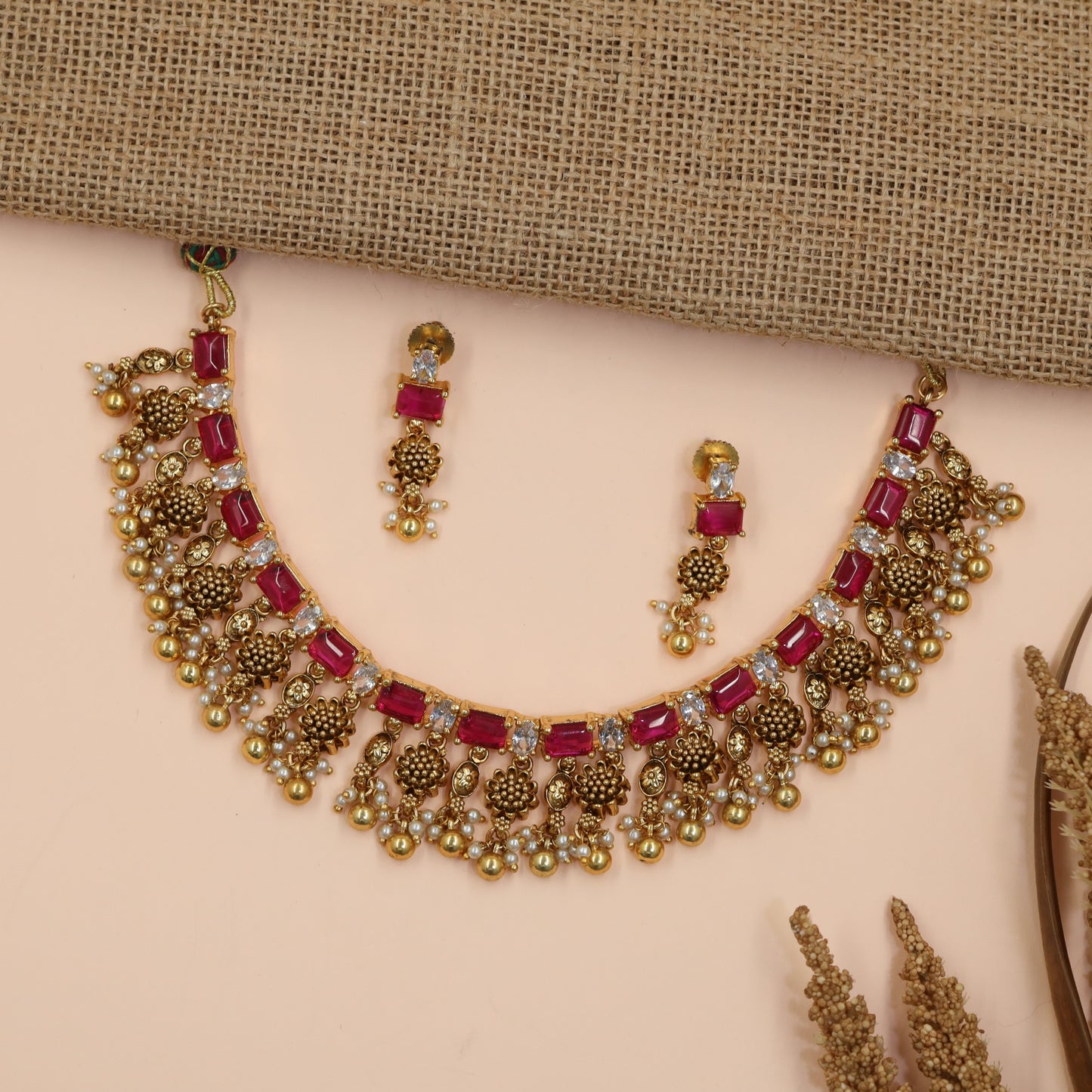 Floral Antique Necklace Featuring Baguette-Cut Stone Pattern and Ornate Fringe