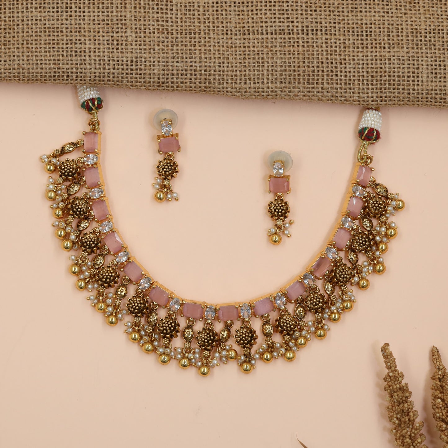 Floral Antique Necklace Featuring Baguette-Cut Stone Pattern and Ornate Fringe