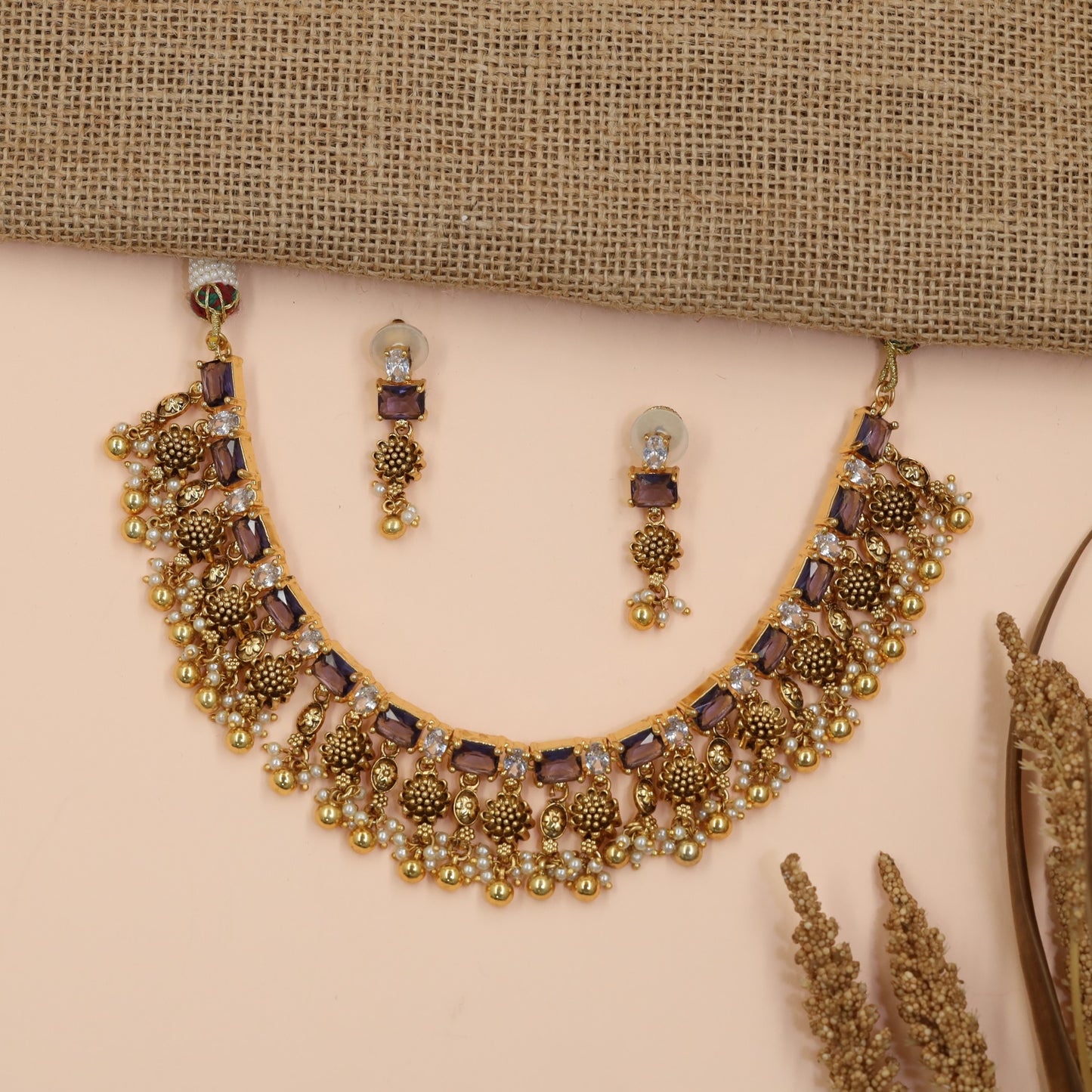 Floral Antique Necklace Featuring Baguette-Cut Stone Pattern and Ornate Fringe
