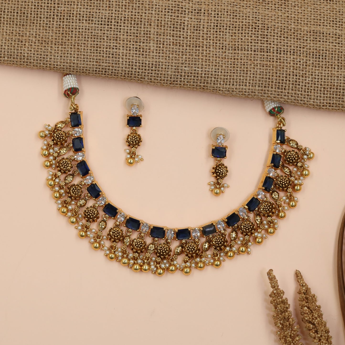 Floral Antique Necklace Featuring Baguette-Cut Stone Pattern and Ornate Fringe