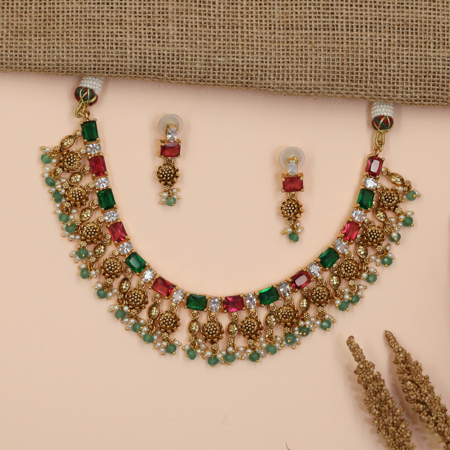 Floral Antique Necklace Featuring Baguette-Cut Stone Pattern and Ornate Fringe