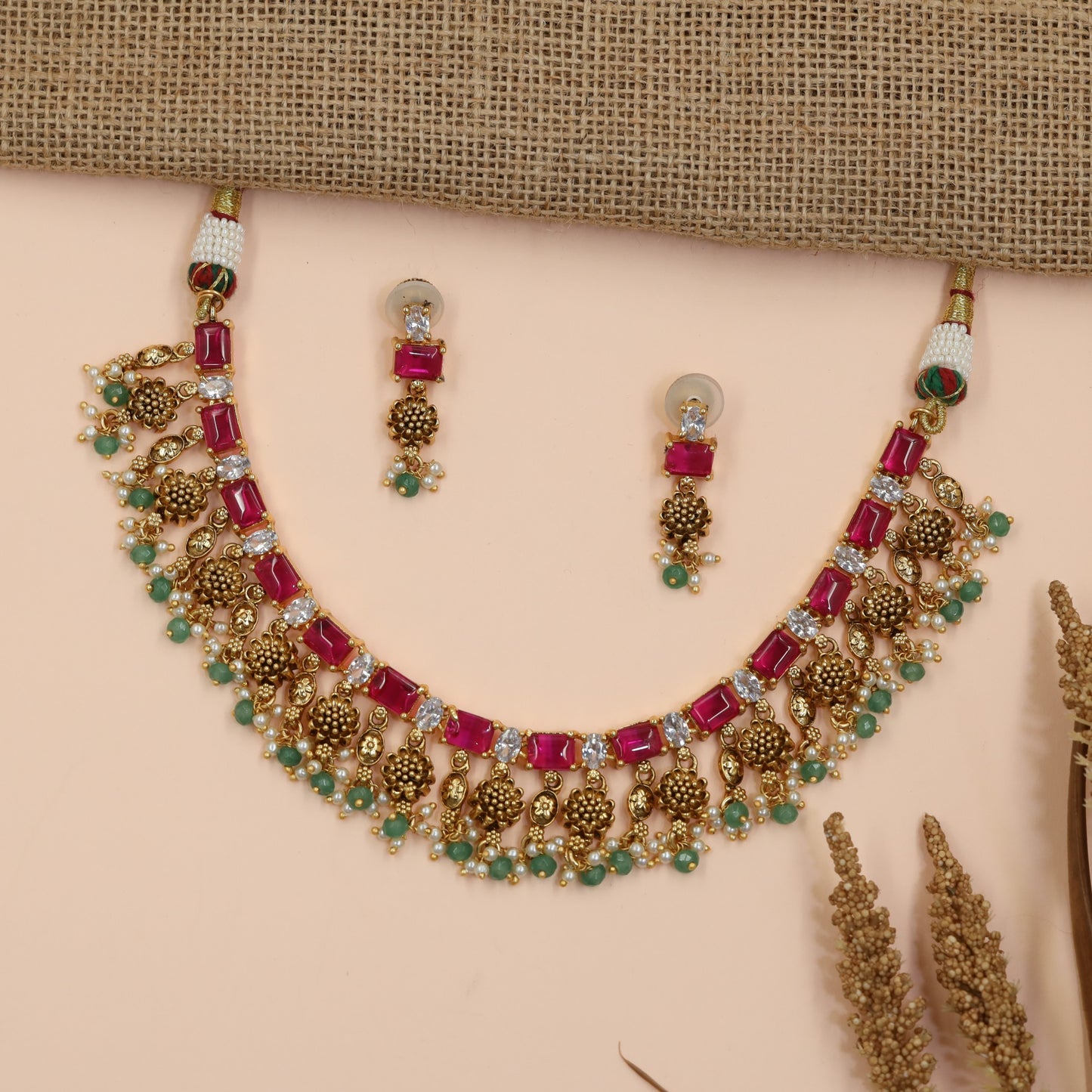 Floral Antique Necklace Featuring Baguette-Cut Stone Pattern and Ornate Fringe
