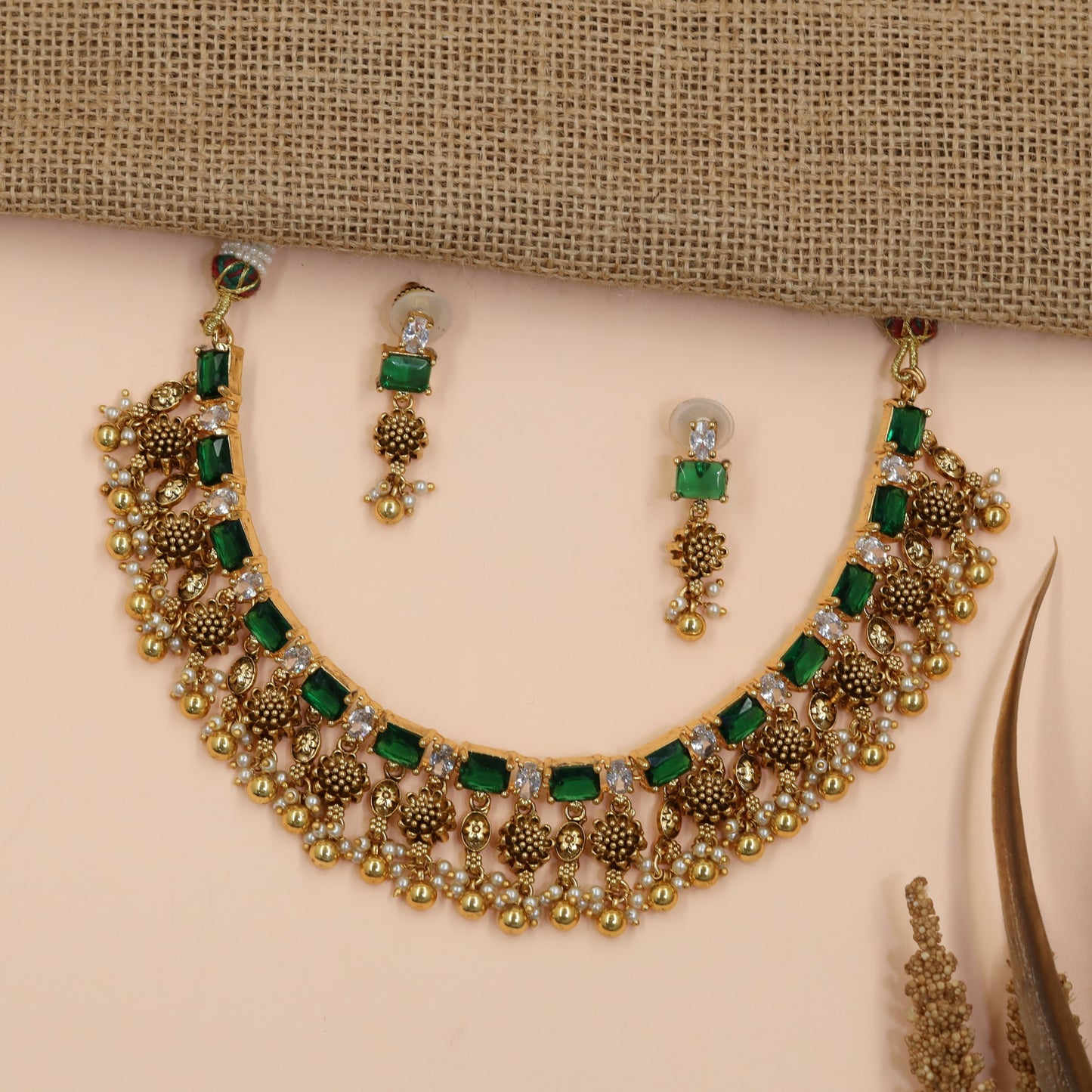 Floral Antique Necklace Featuring Baguette-Cut Stone Pattern and Ornate Fringe