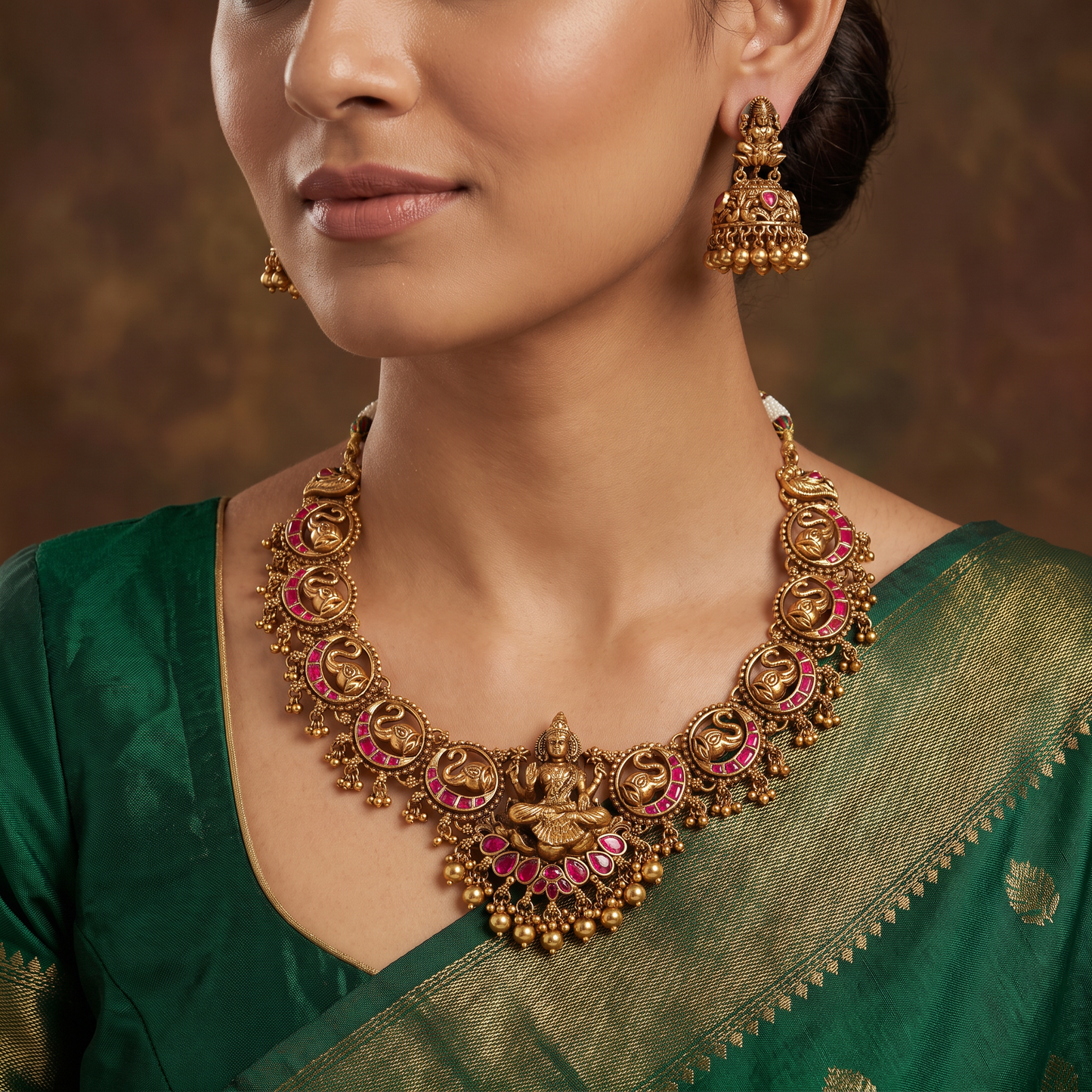Antique Lakshmi Temple Necklace with Heritage Medallion Design