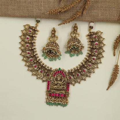 Regal Antique Lakshmi Necklace Set with Temple Artistry