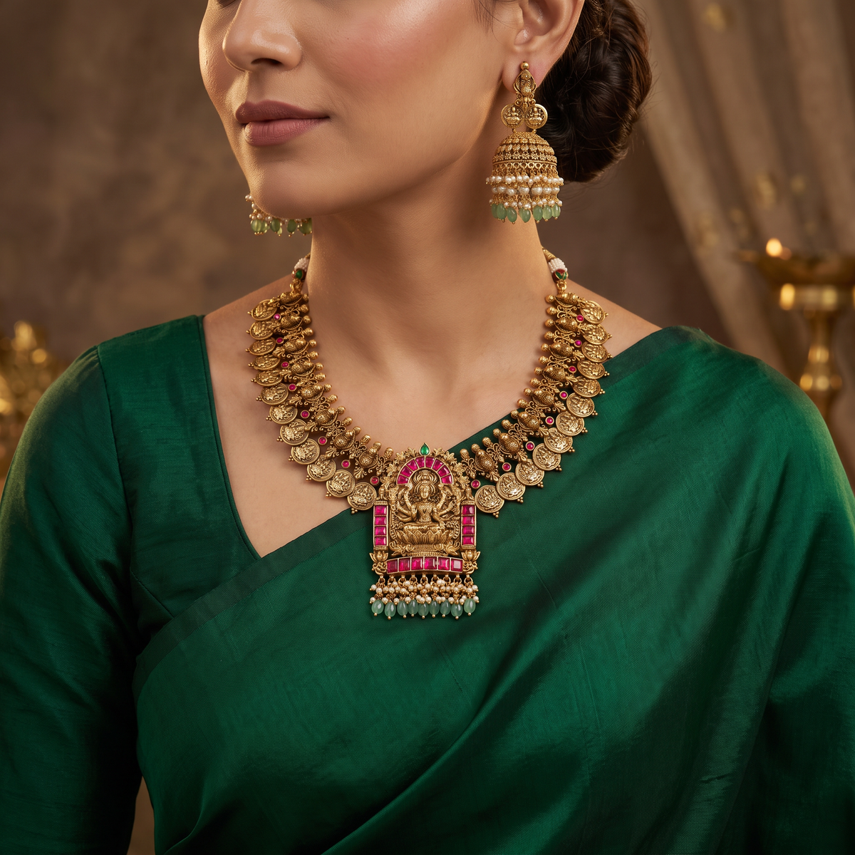 Regal Antique Lakshmi Necklace Set with Temple Artistry