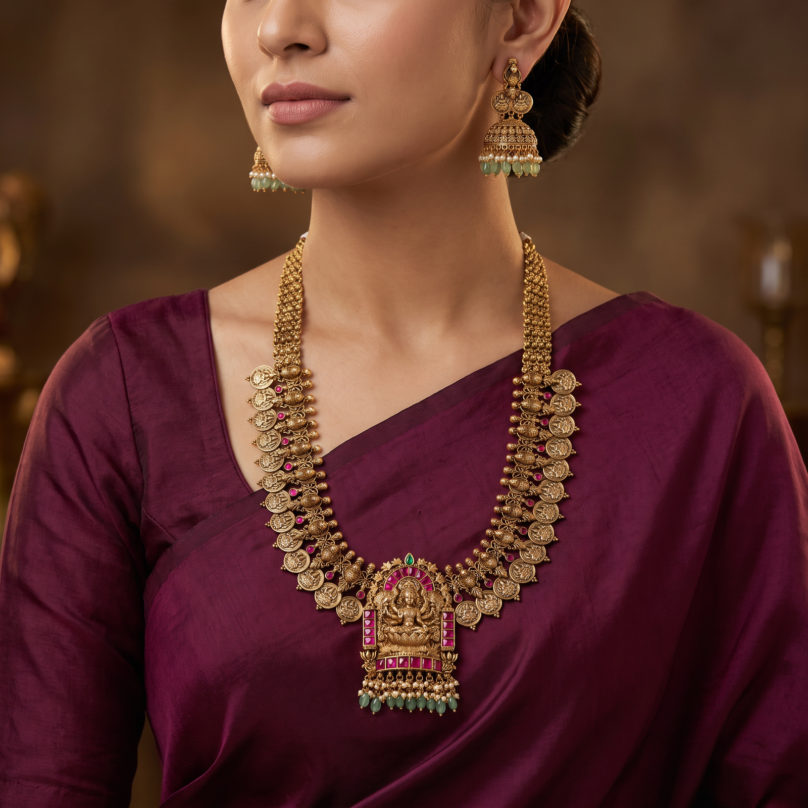 Curated Antique Long Haara with Lakshmi Temple Pendant