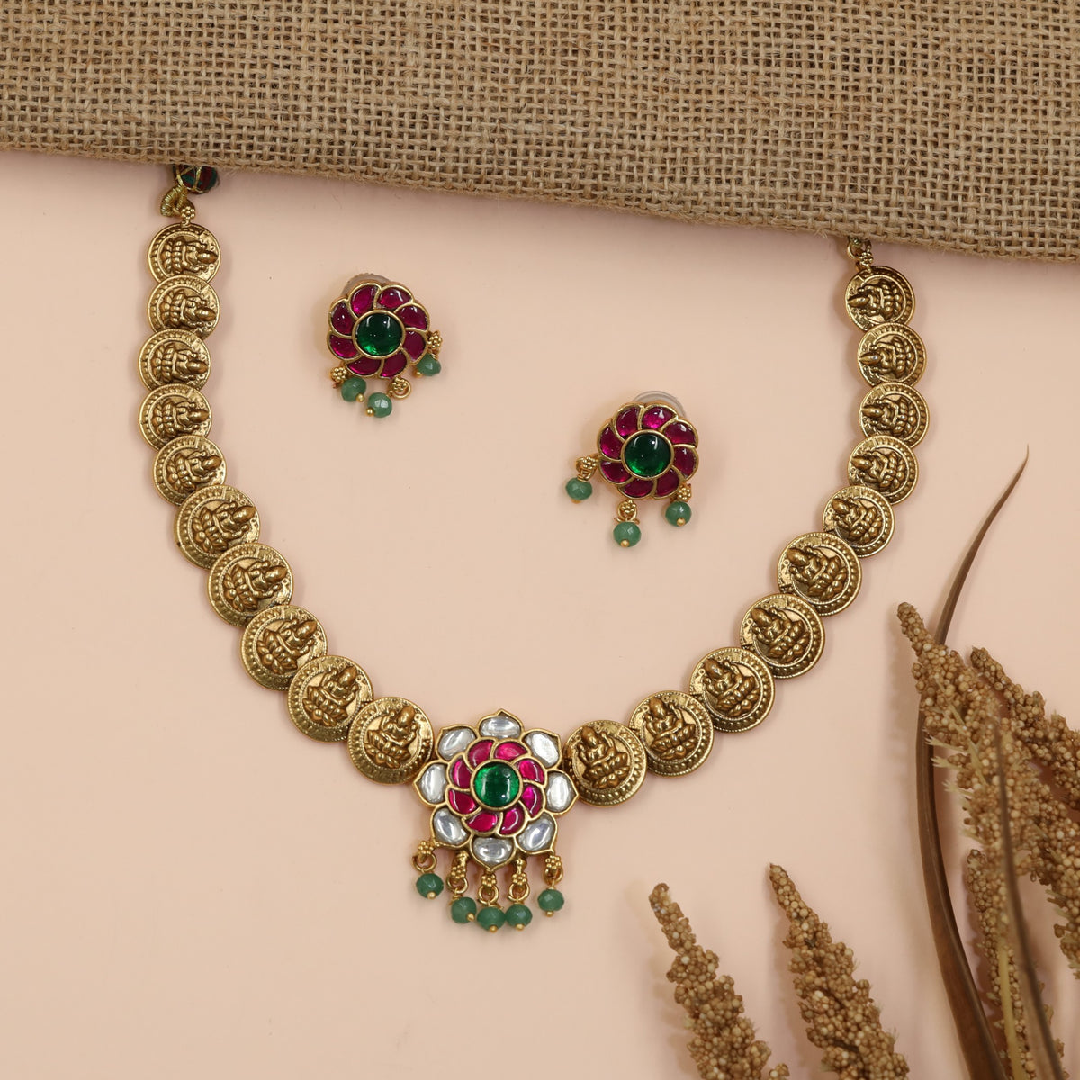 Lakshmi Coin Antique Necklace Set with Floral Centrepiece