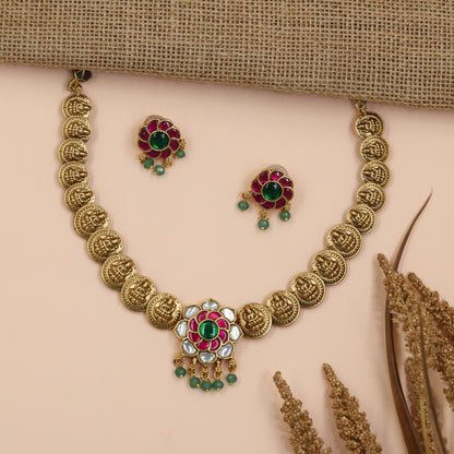Lakshmi Coin Antique Necklace with Floral Centrepiece and Traditional Drop Design